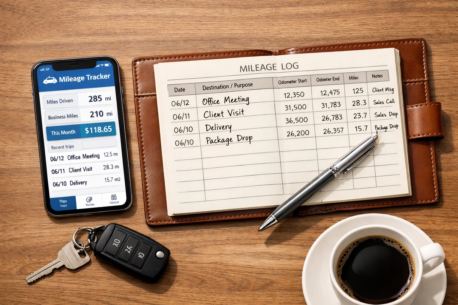 Mileage tracking app on smartphone next to handwritten logbook for business tax deductions