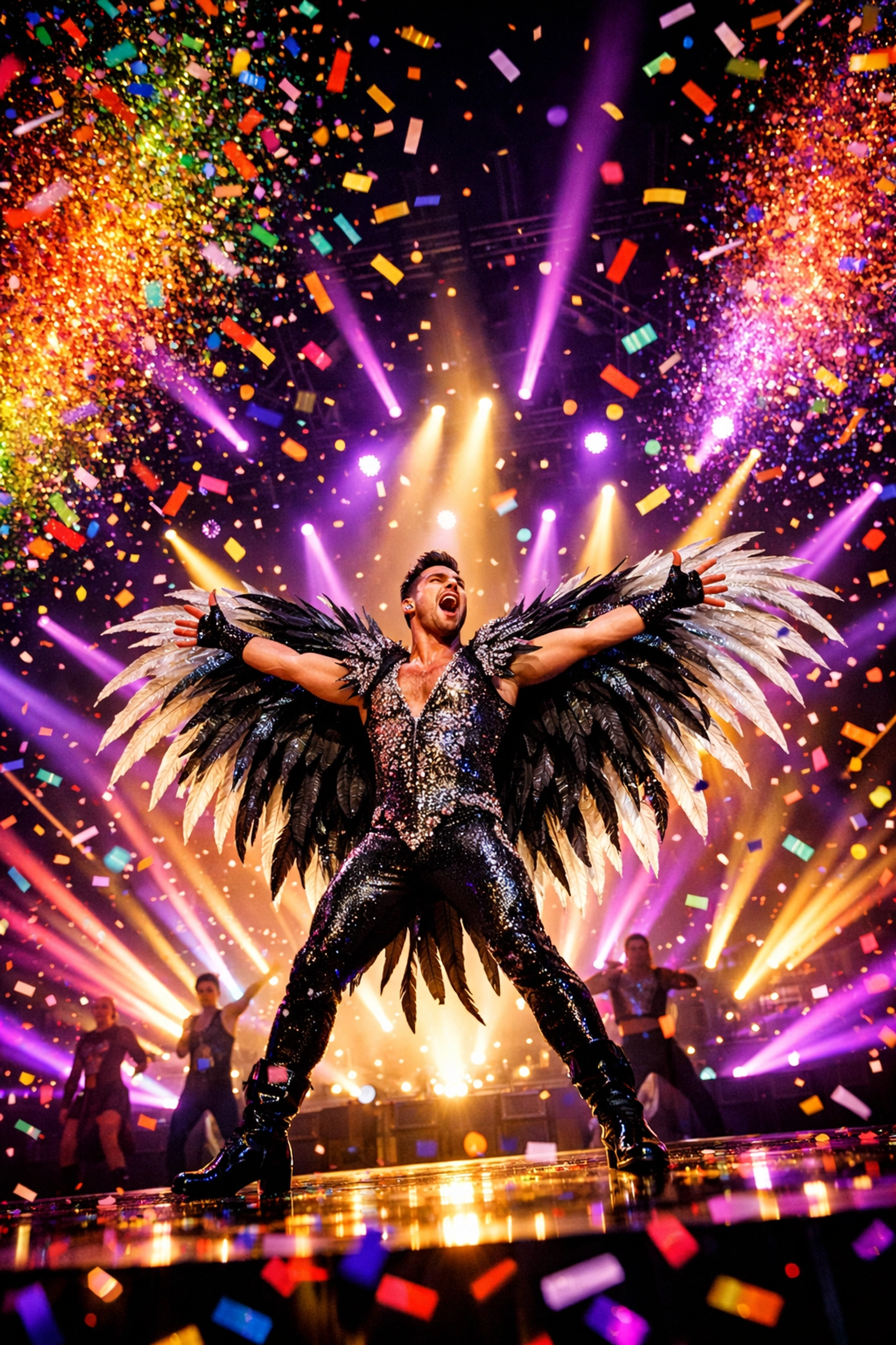 Eurovision performer in sequined costume with rainbow confetti celebrating LGBTQ+ camp and pride