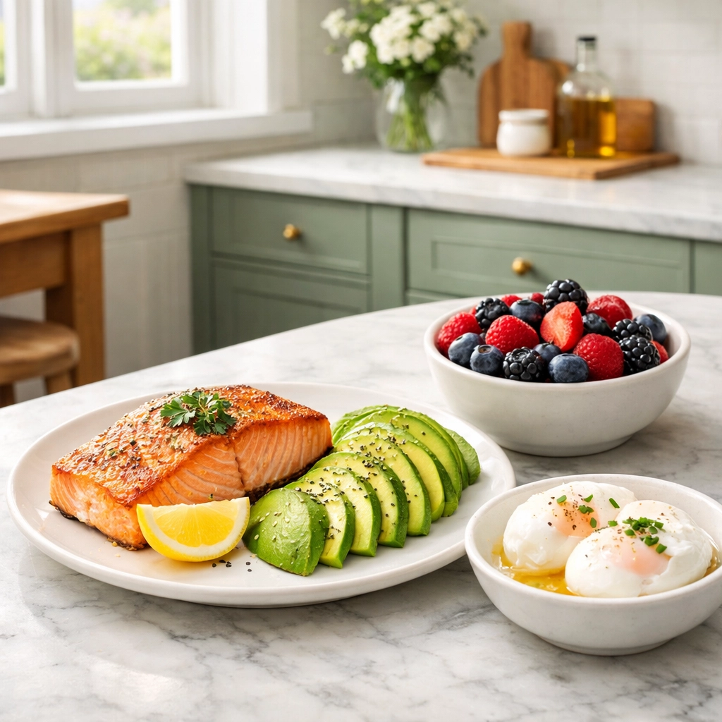 Fresh salmon and avocado meal on a marble counter providing in-home nutrition support for seniors in the Chicago Area.
