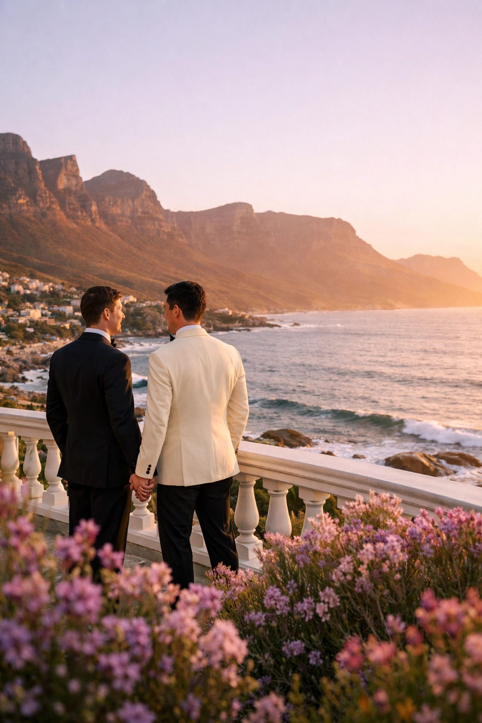 Two grooms at their wedding ceremony at Twelve Apostles Hotel Cape Town with ocean views