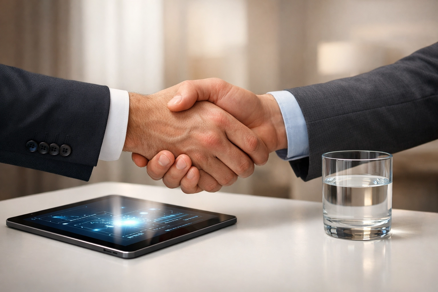 A firm handshake between parties completing a Mississippi business transition and ownership transfer.