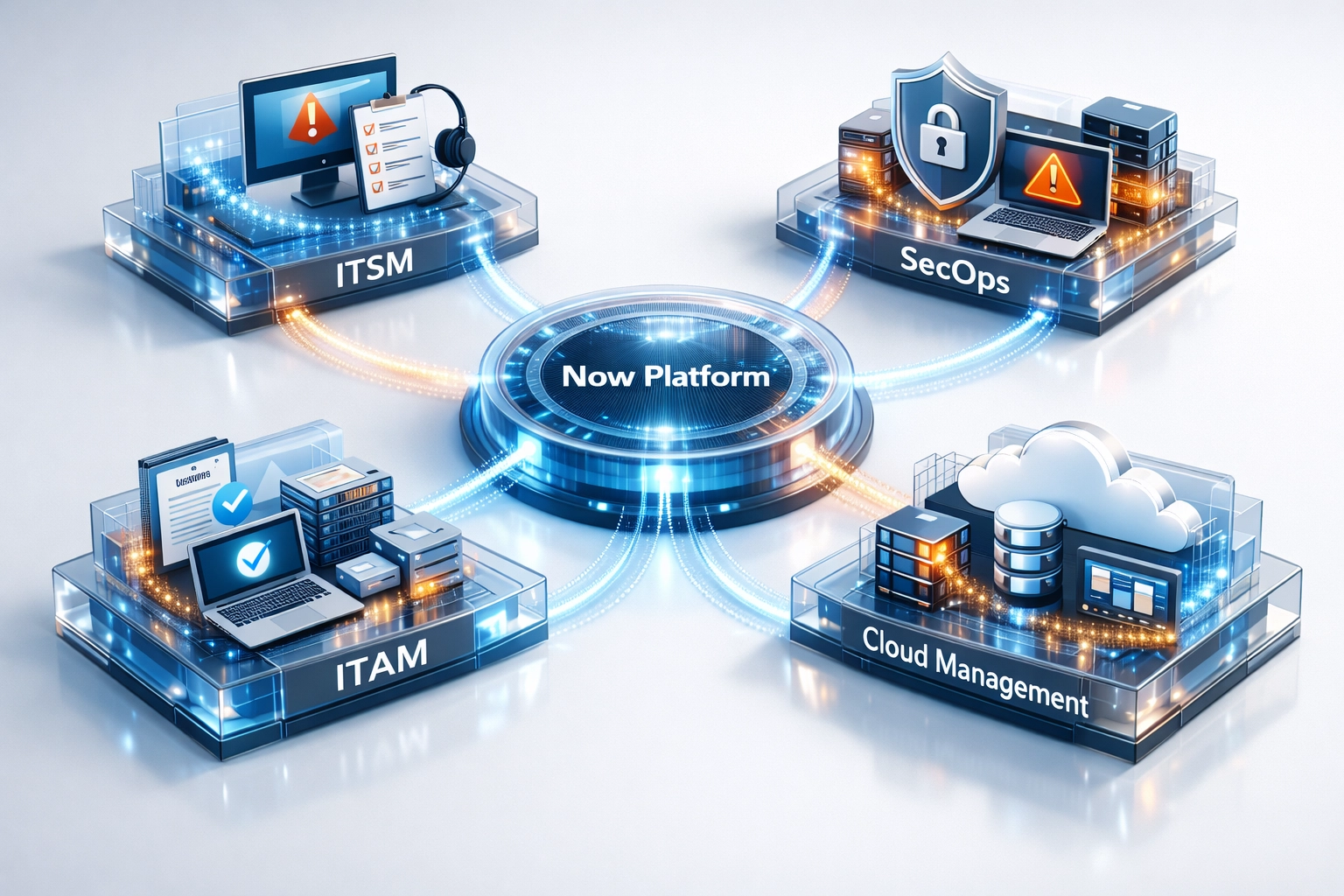Integrated ServiceNow ecosystem with ITSM, ITAM, SecOps and cloud management modules interconnected