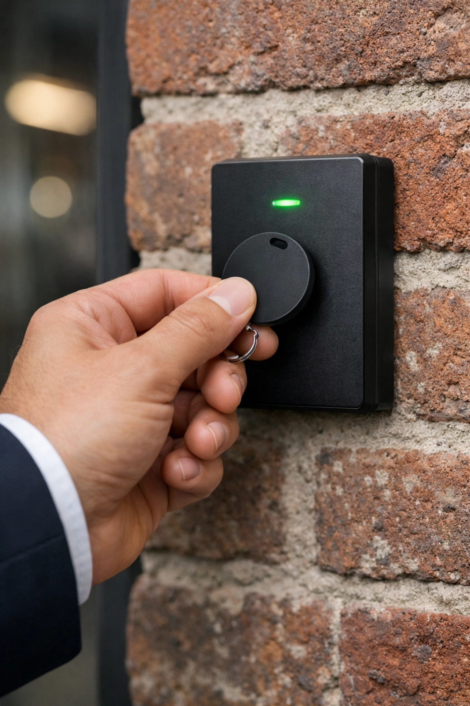 Business access control system with a proximity key fob being scanned at a Torquay office entrance.