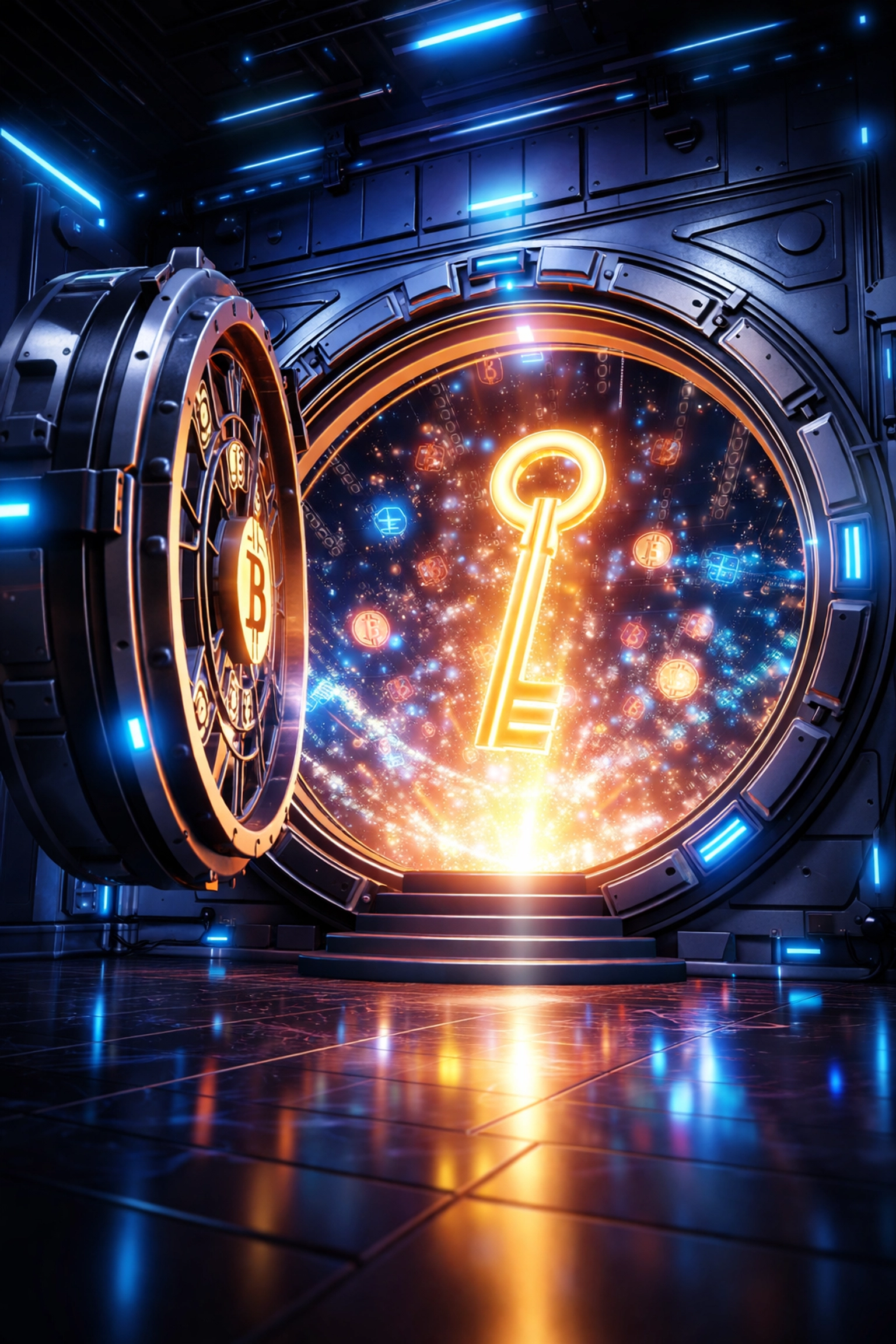 Digital vault opens with glowing key and crypto symbols, symbolizing merchant control and self-custody payments.