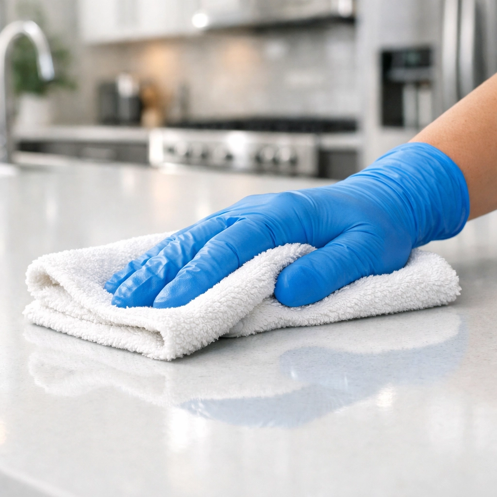 Close-up of professional kitchen cleaning with a microfiber cloth as part of Ninja-Level Cleaning in Medfield.