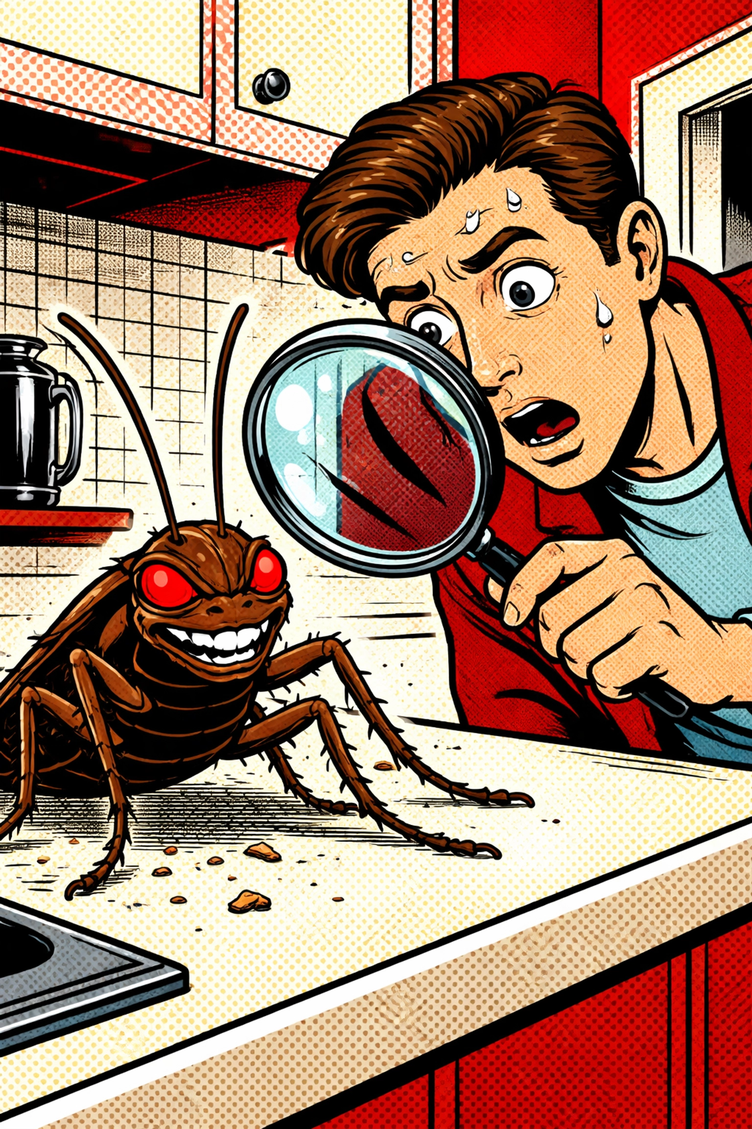 Worried Jasper homeowner using a magnifying glass to spot a giant cockroach, highlighting the need for local pest control expertise.