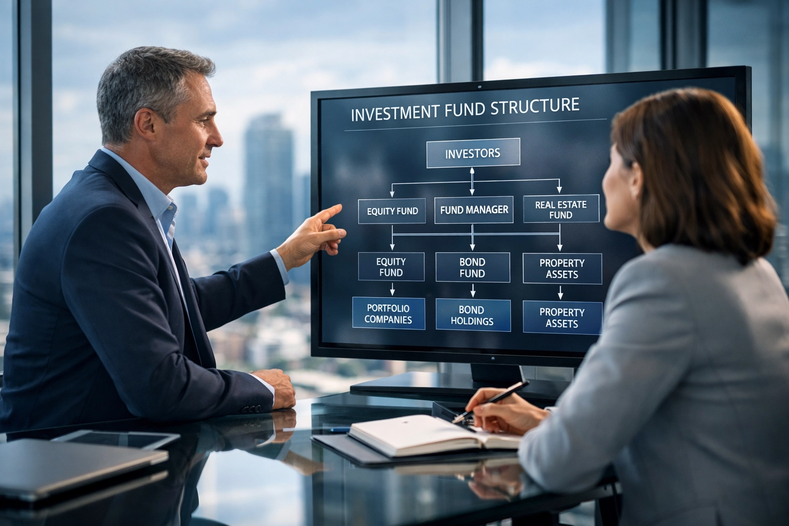 Wealth advisor consulting with accredited investor on fund structures and investment strategies