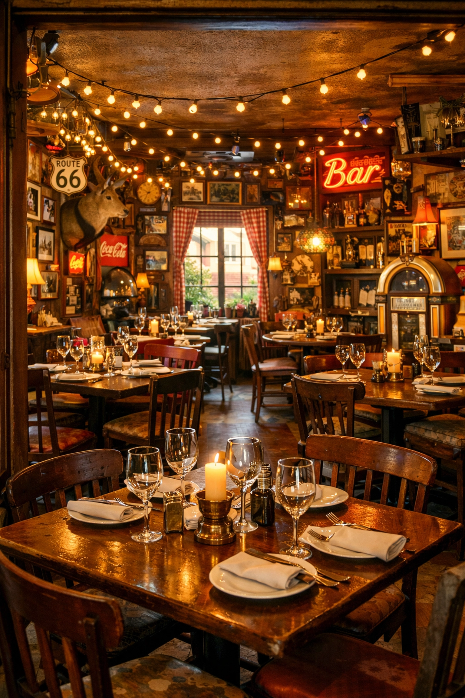 Eclectic restaurant interior with vintage memorabilia and warm lighting at independent dining establishment