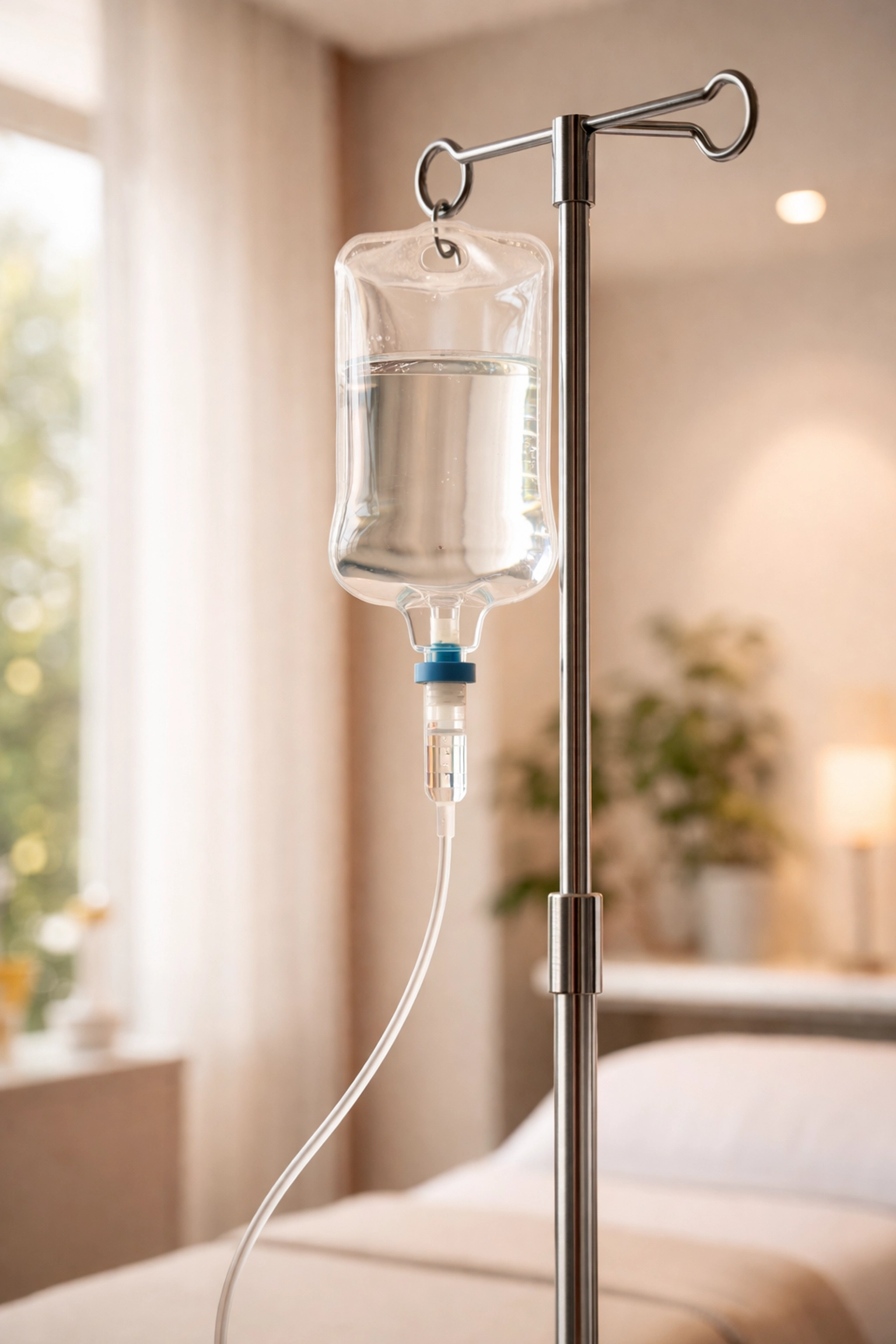 Clear IV drip bag in a calm clinical room highlights IV therapy wellness for efficient nutrient delivery.