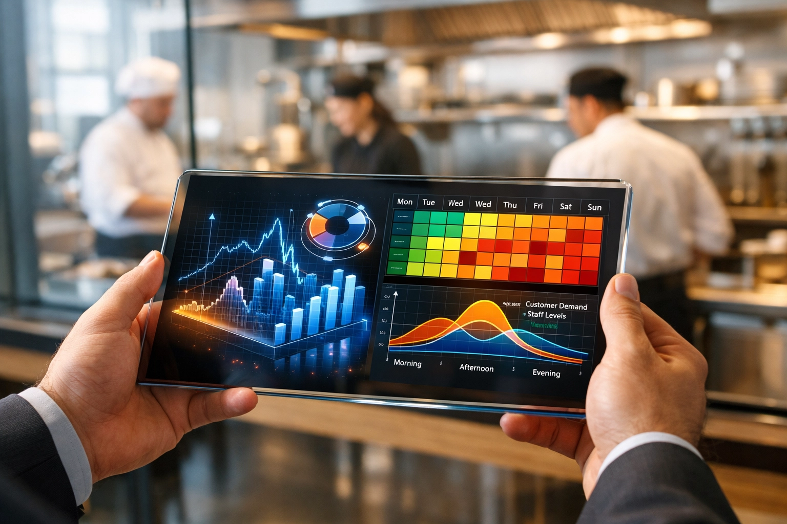 Restaurant manager using AI scheduling data on a tablet to optimize labor margins and operational growth.