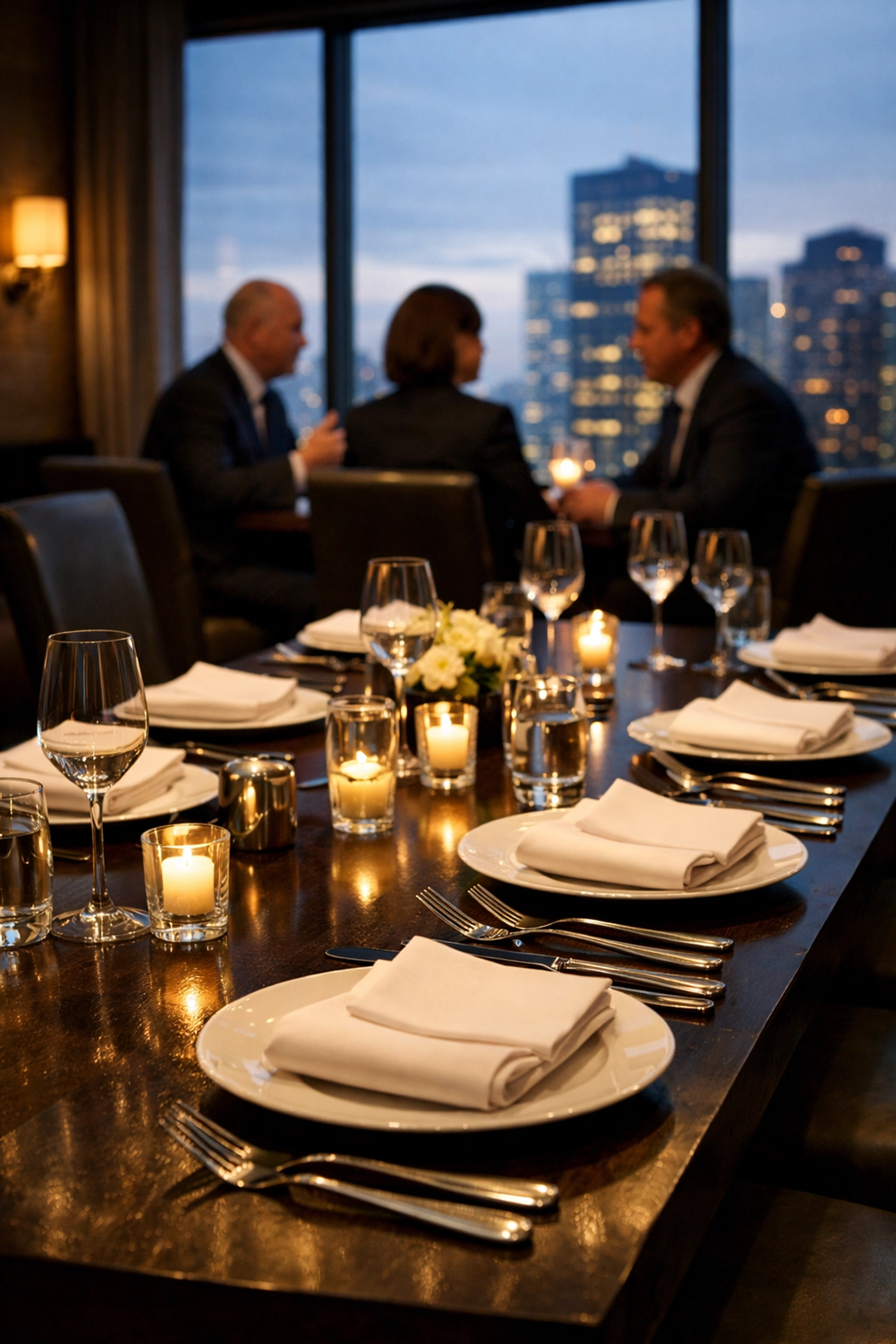 Business executives in a strategic meeting during a private luxury corporate dinner.