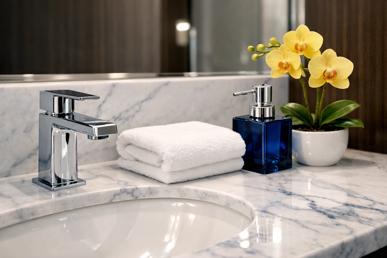 Polished marble vanity showing the high-end results of professional luxury house cleaning in Foxborough, Massachusetts.