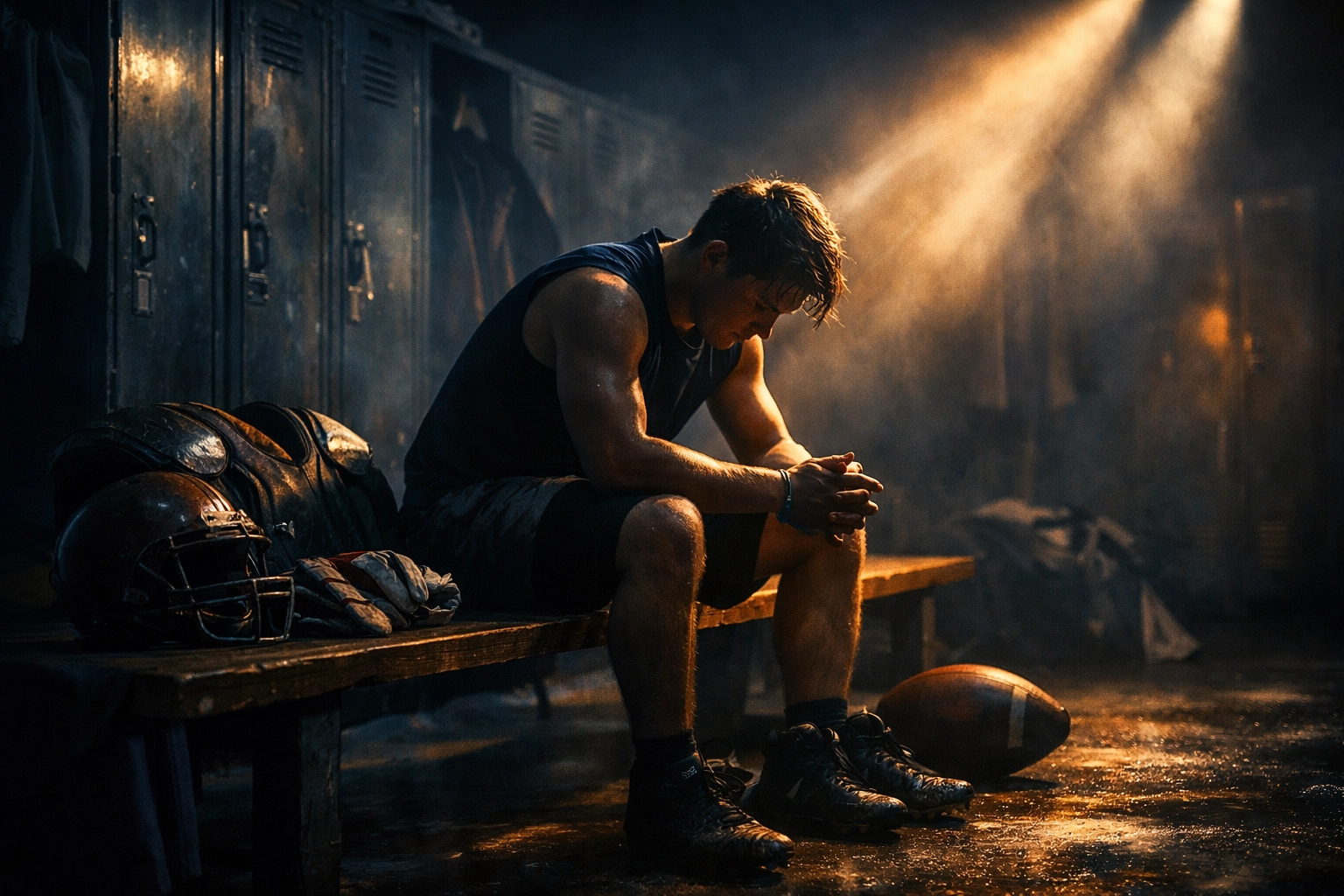 High school athlete mentally rehearsing plays in a locker room to build peak performance confidence.