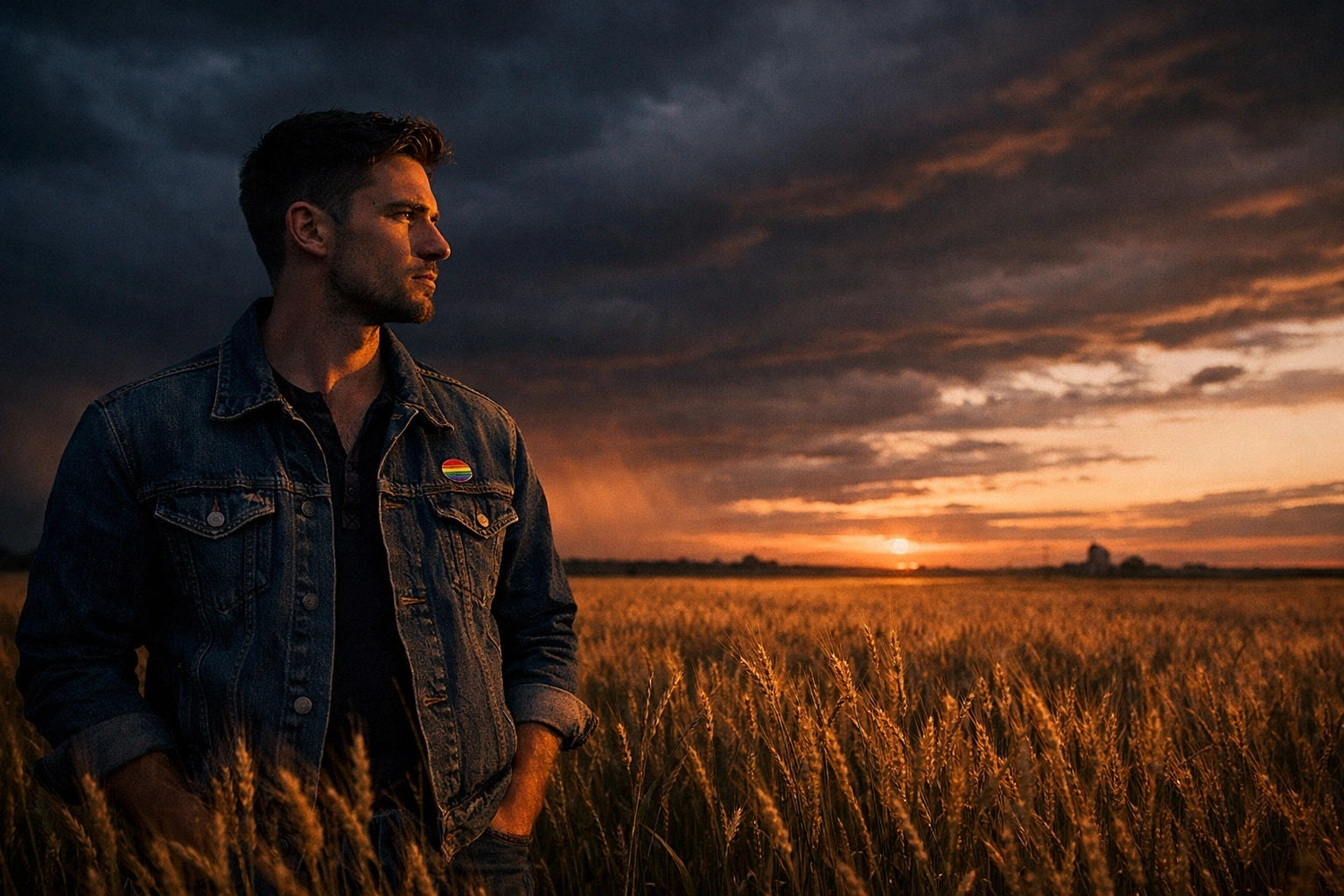 A gay man wearing a pride pin stands in a rural field, reflecting on the reality of small town coming out.