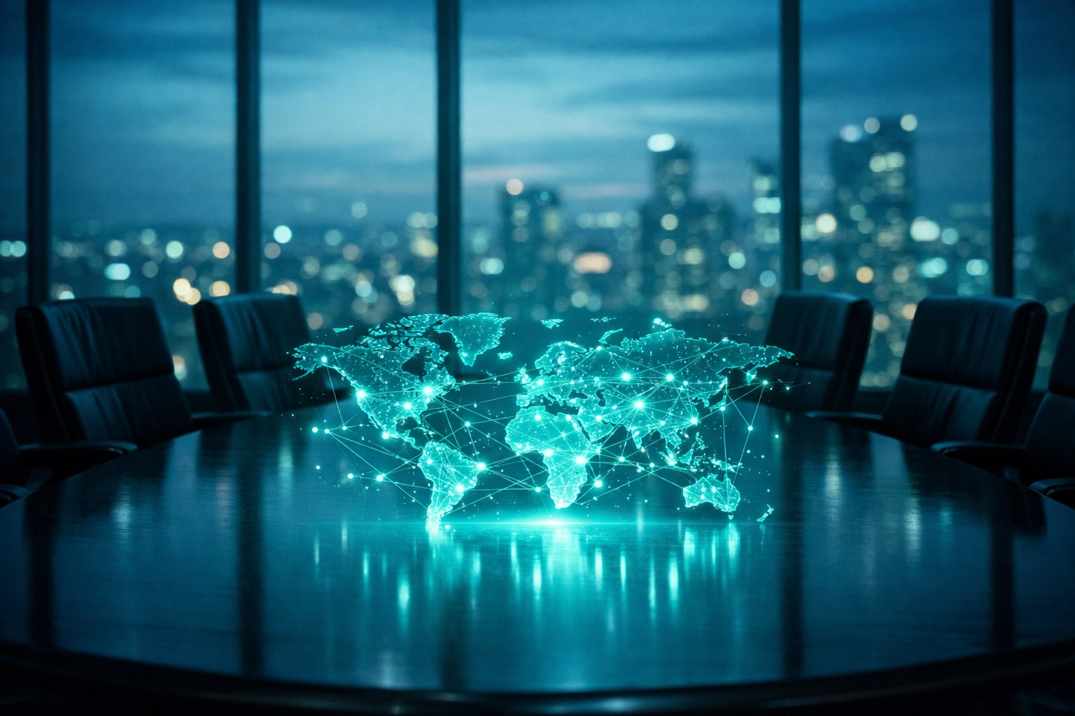 Executive boardroom with a digital network map, illustrating leadership capability for S/4HANA success.