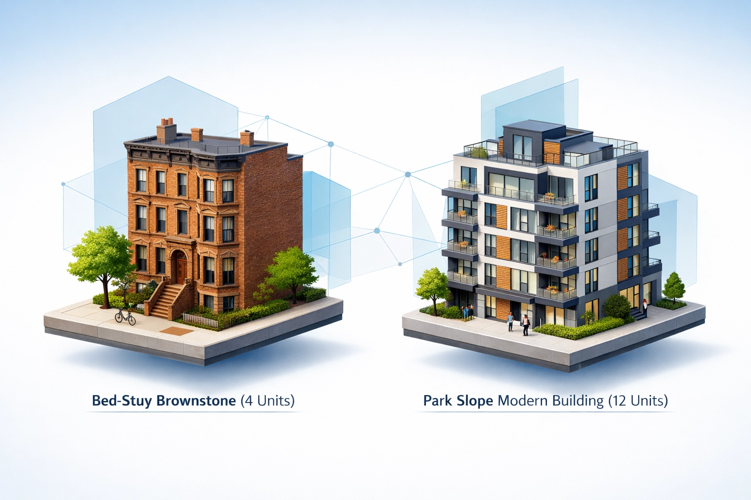 Bed-Stuy brownstone (4 units) and Park Slope modern building (12 units) comparison, highlighting architectural styles and tenant demographics in Brooklyn property management.