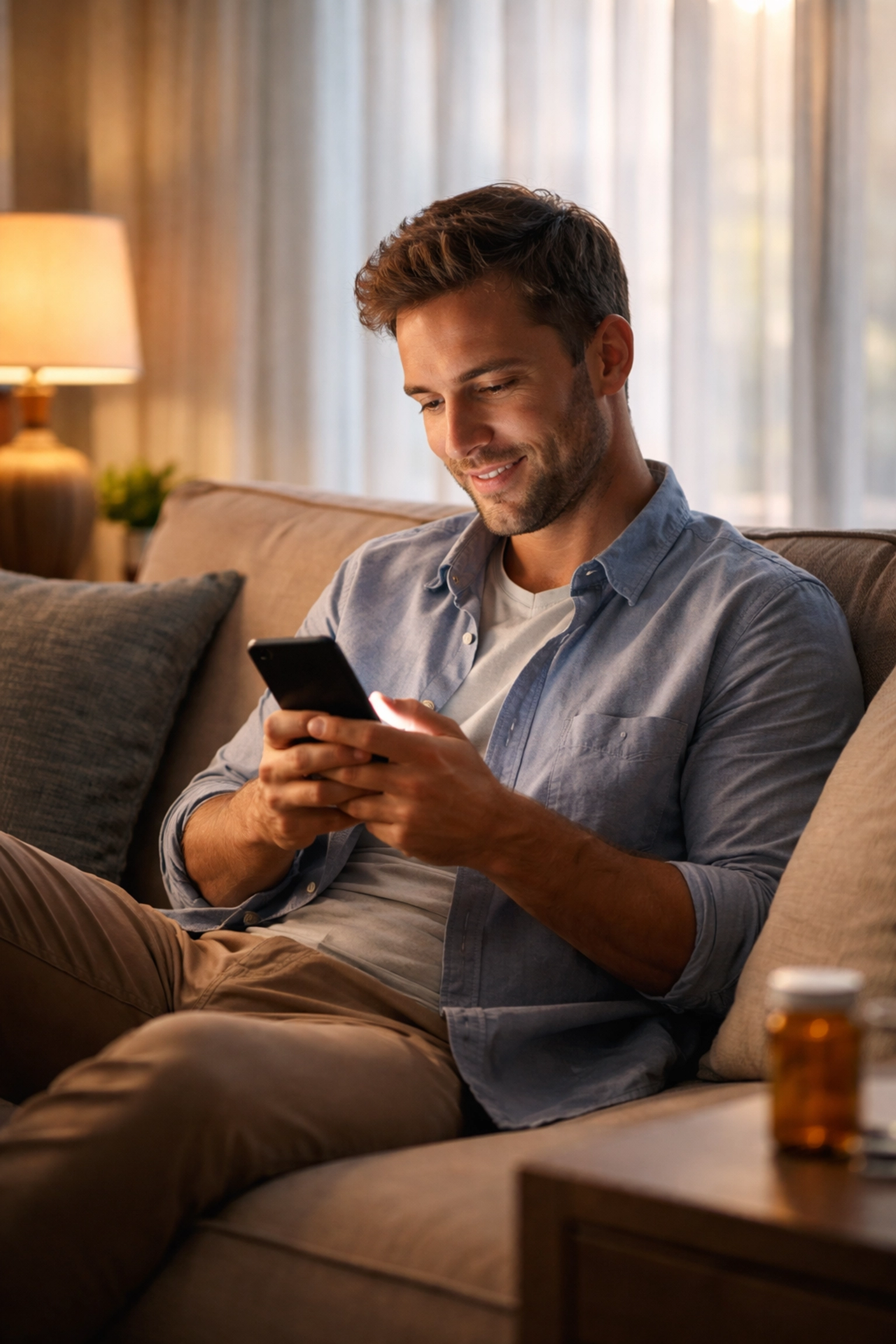 Man reading a message about hair loss treatment online, looking relieved in a private home setting