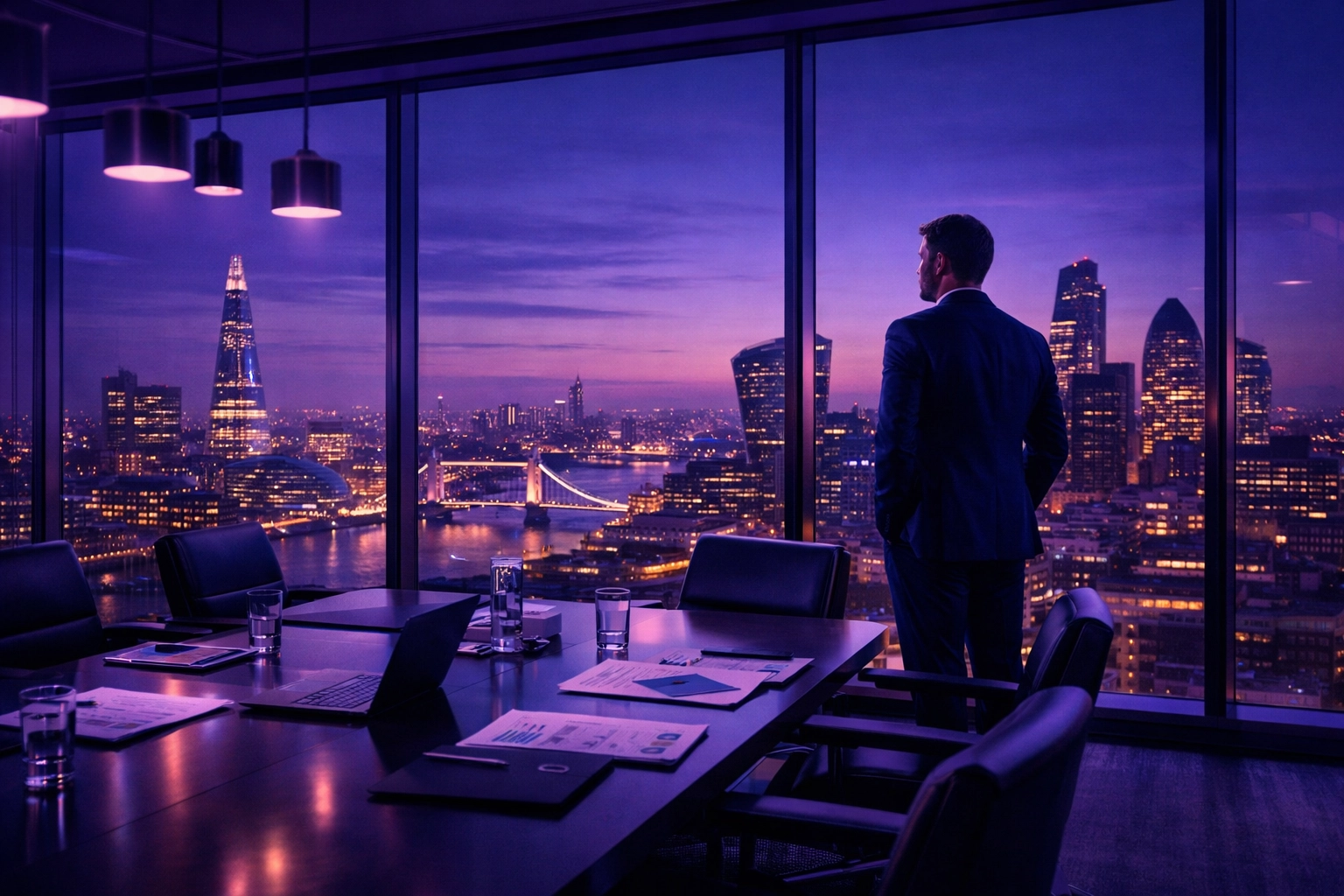 Business director in a modern boardroom planning AI-powered scaling without hiring.