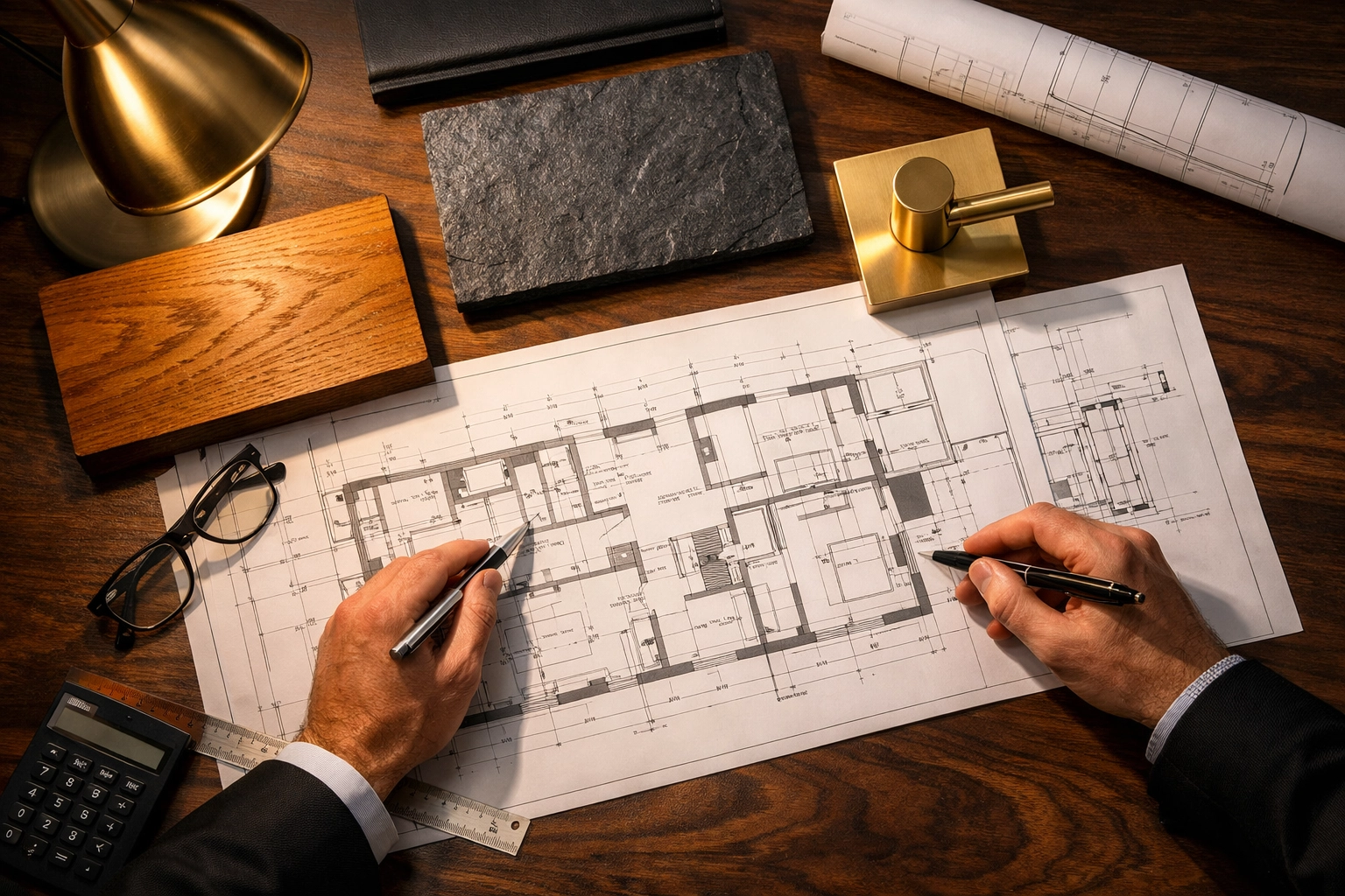 Project planning by a professional builder Bognor Regis with blueprints and material samples.