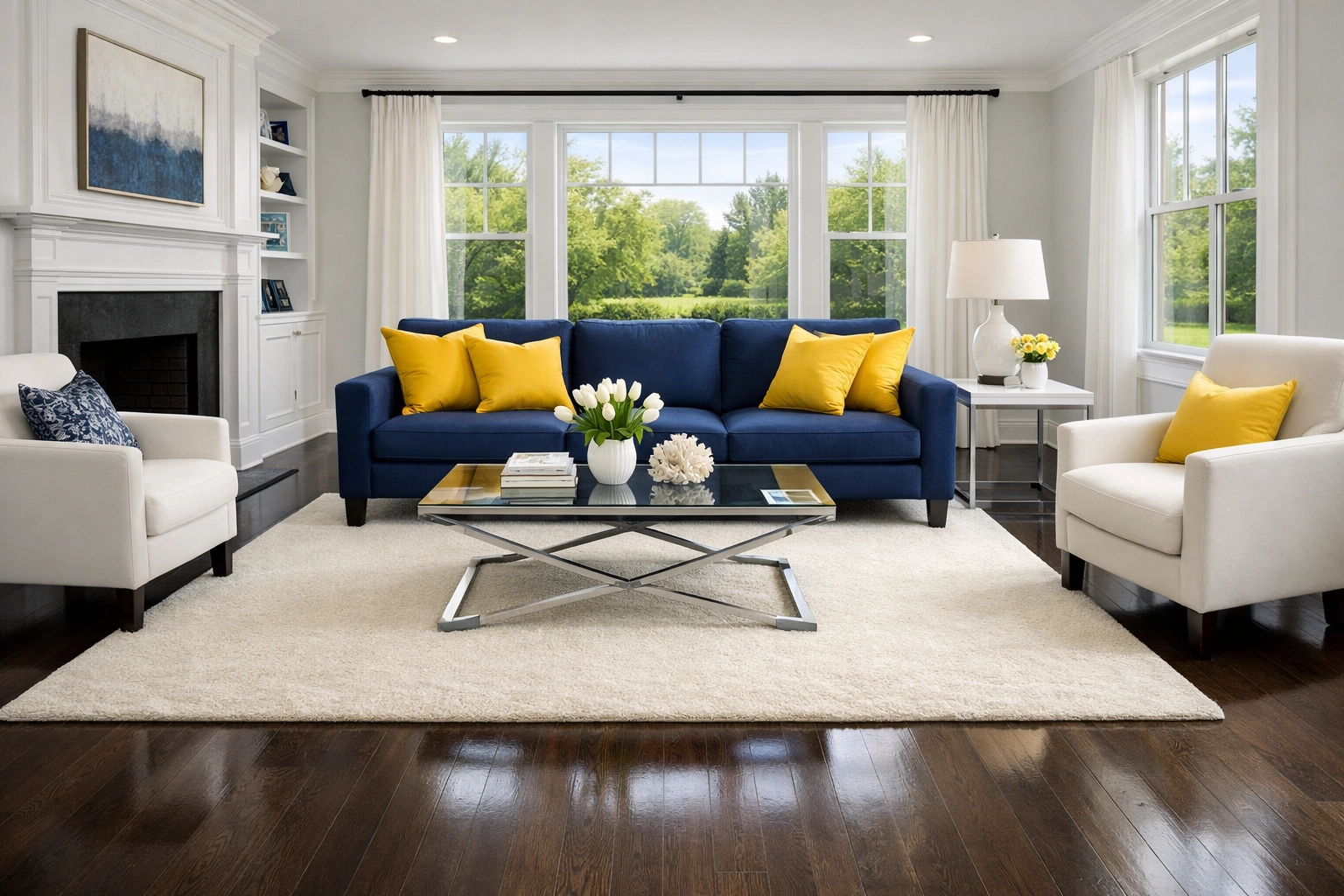 Spotless living room with polished hardwood floors after a professional deep cleaning in Wellesley MA.