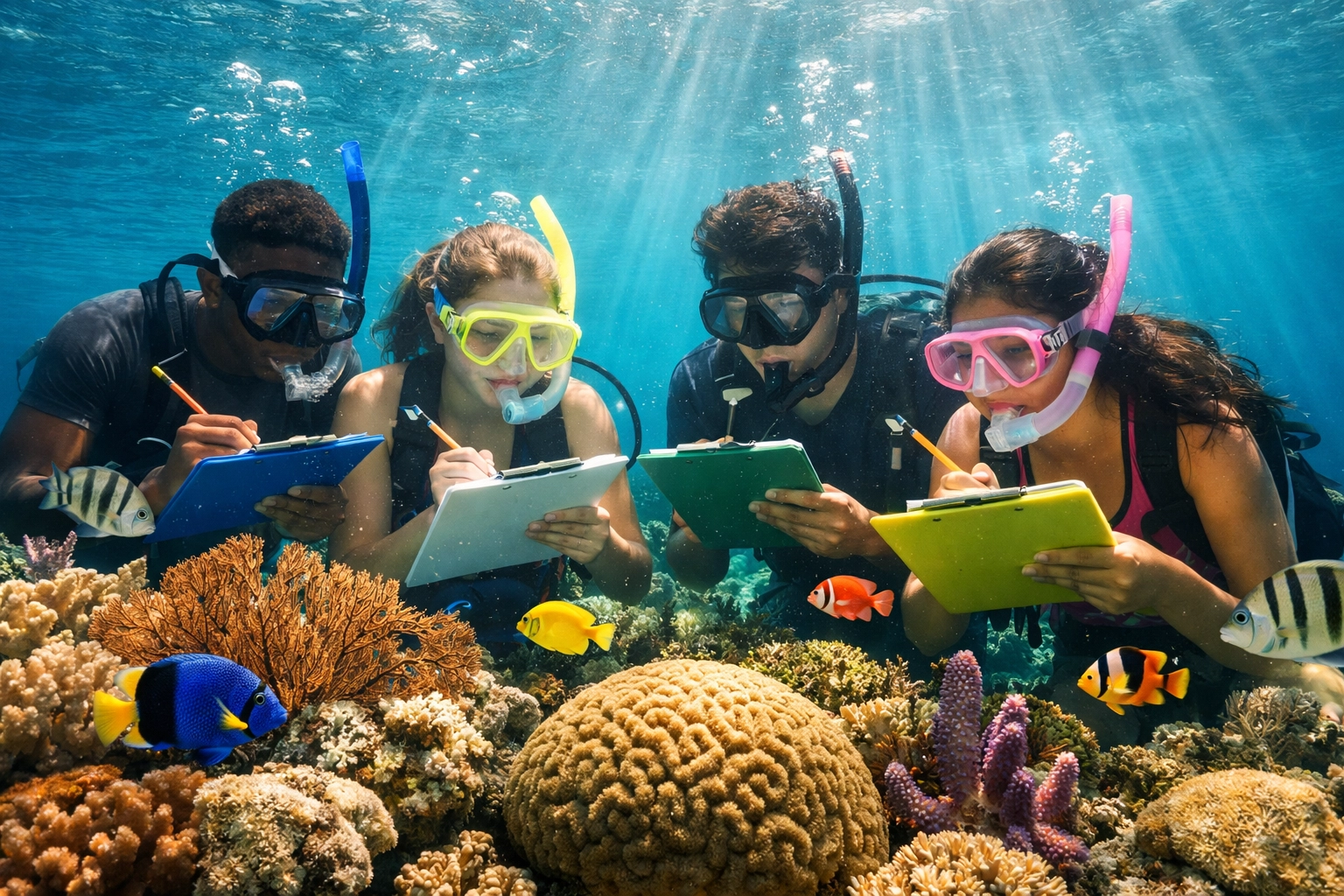 Students snorkeling at Belize Barrier Reef during educational marine science trip