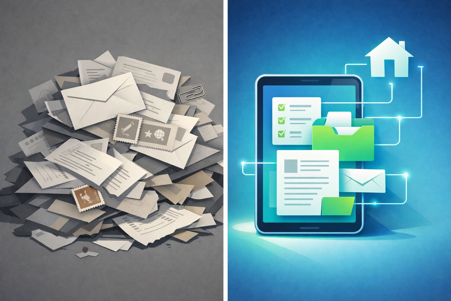 Traditional mail versus digital mail delivery comparison showing paper clutter and organized digital documents