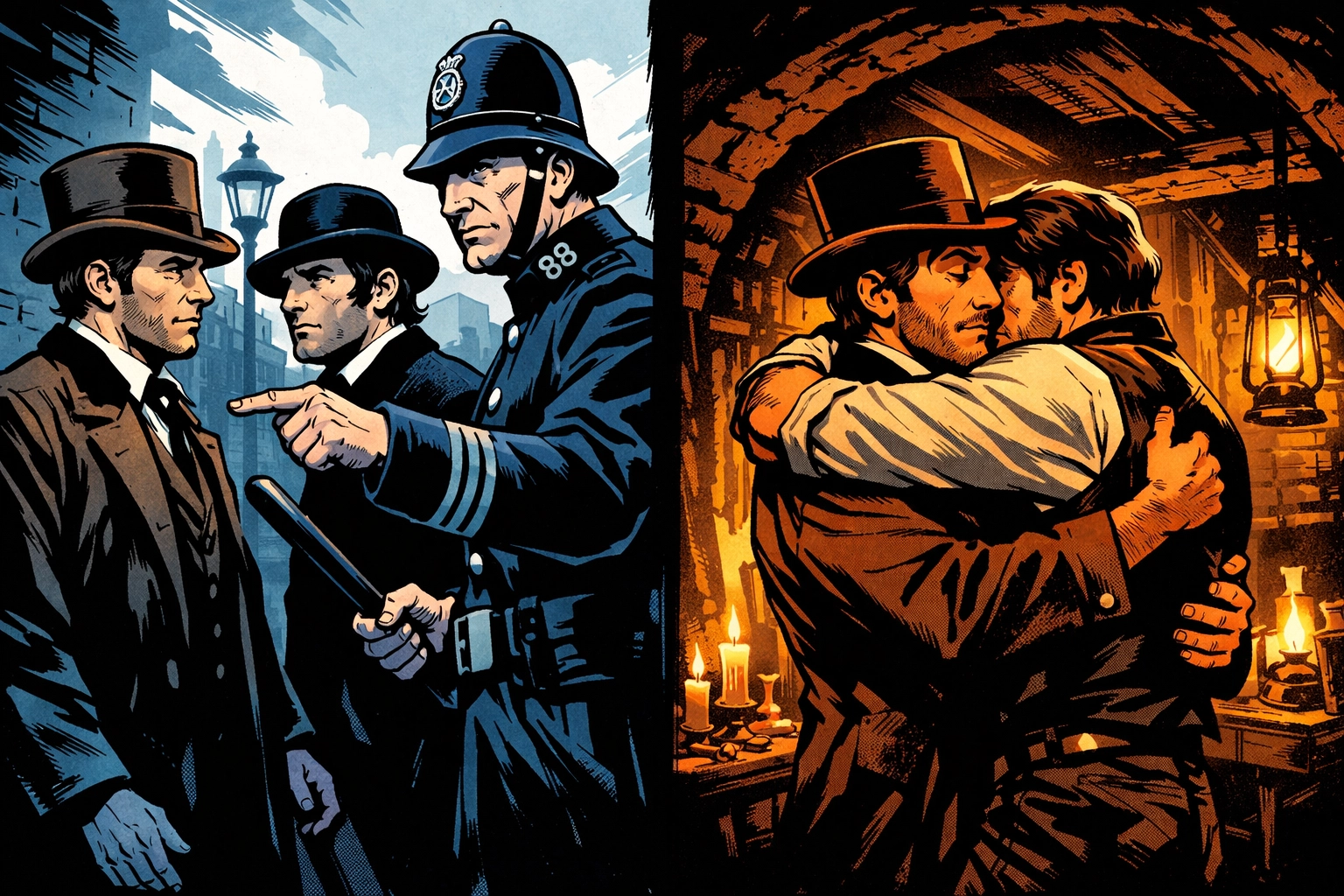 Gay men facing police persecution versus finding freedom in underground spaces, 1860s