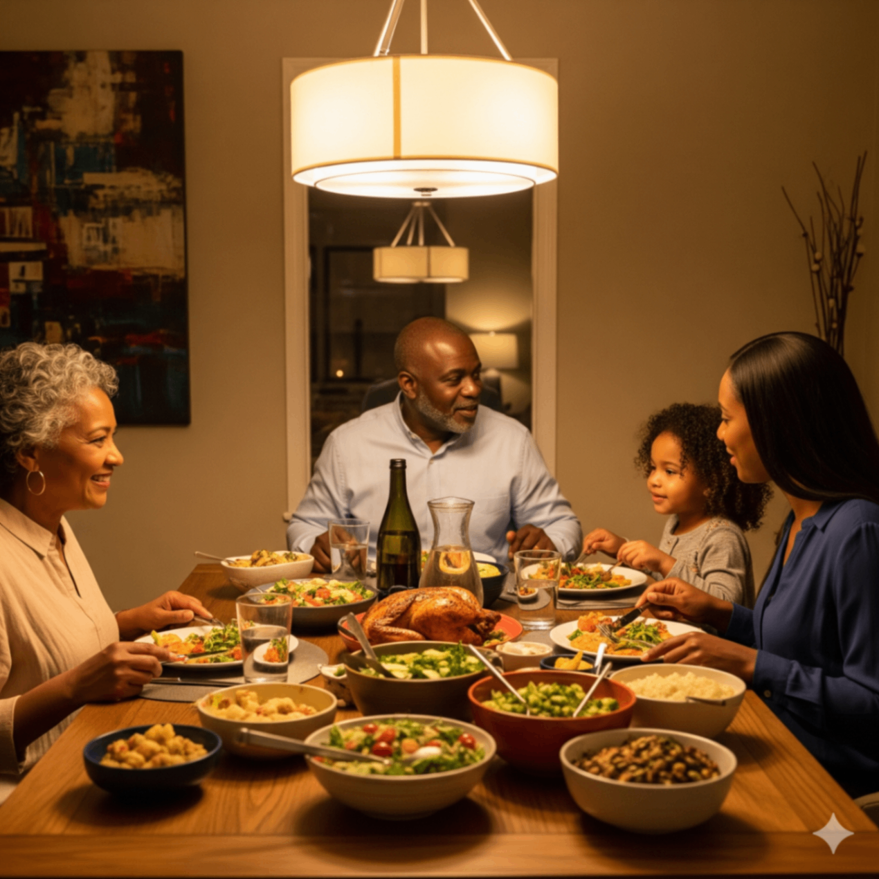 Multi-generational African American Family Dinner A multi-generational African American family enjoying dinner together at home, surrounded by a variety of healthy dishes. The scene's warm and inviting atmosphere highlights the importance of family, legacy, and generational wealth, which are core values promoted by Kito J Johnson Enterprises, LLC through faith-based real estate investing.