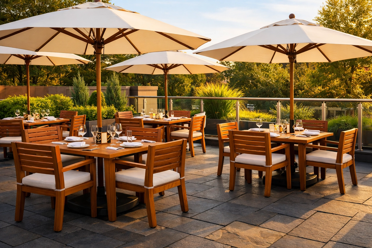 Safe restaurant patio with leveled stone pavers and secure umbrellas to manage business liability risks.