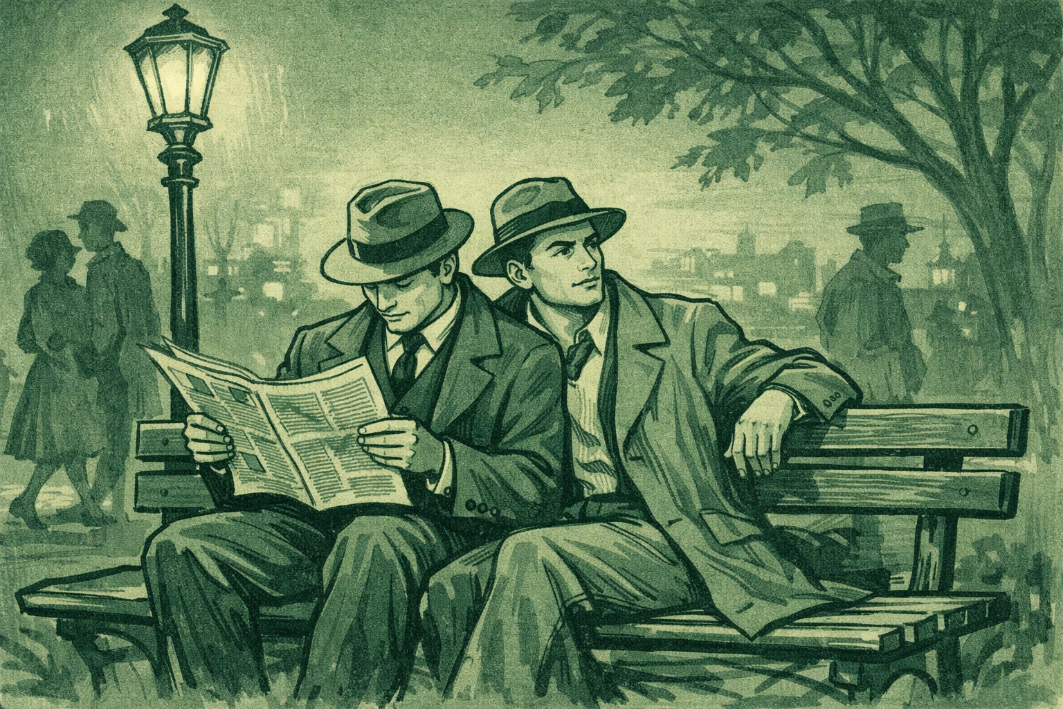 Historical gay couple on park bench in 1940s-1950s era, maintaining discretion in public space