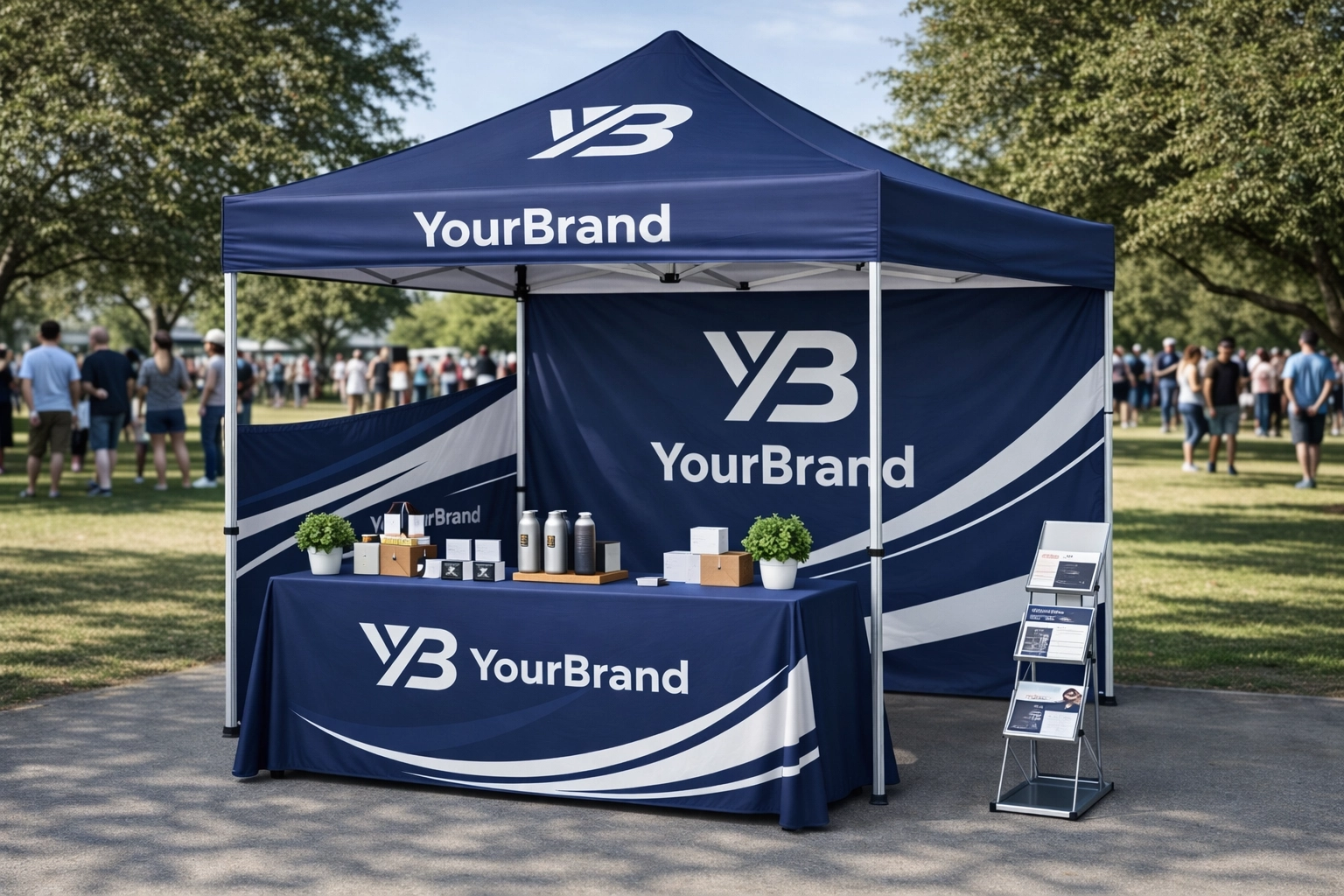Branded event booth with custom canopy tent and matching tablecloth with logo
