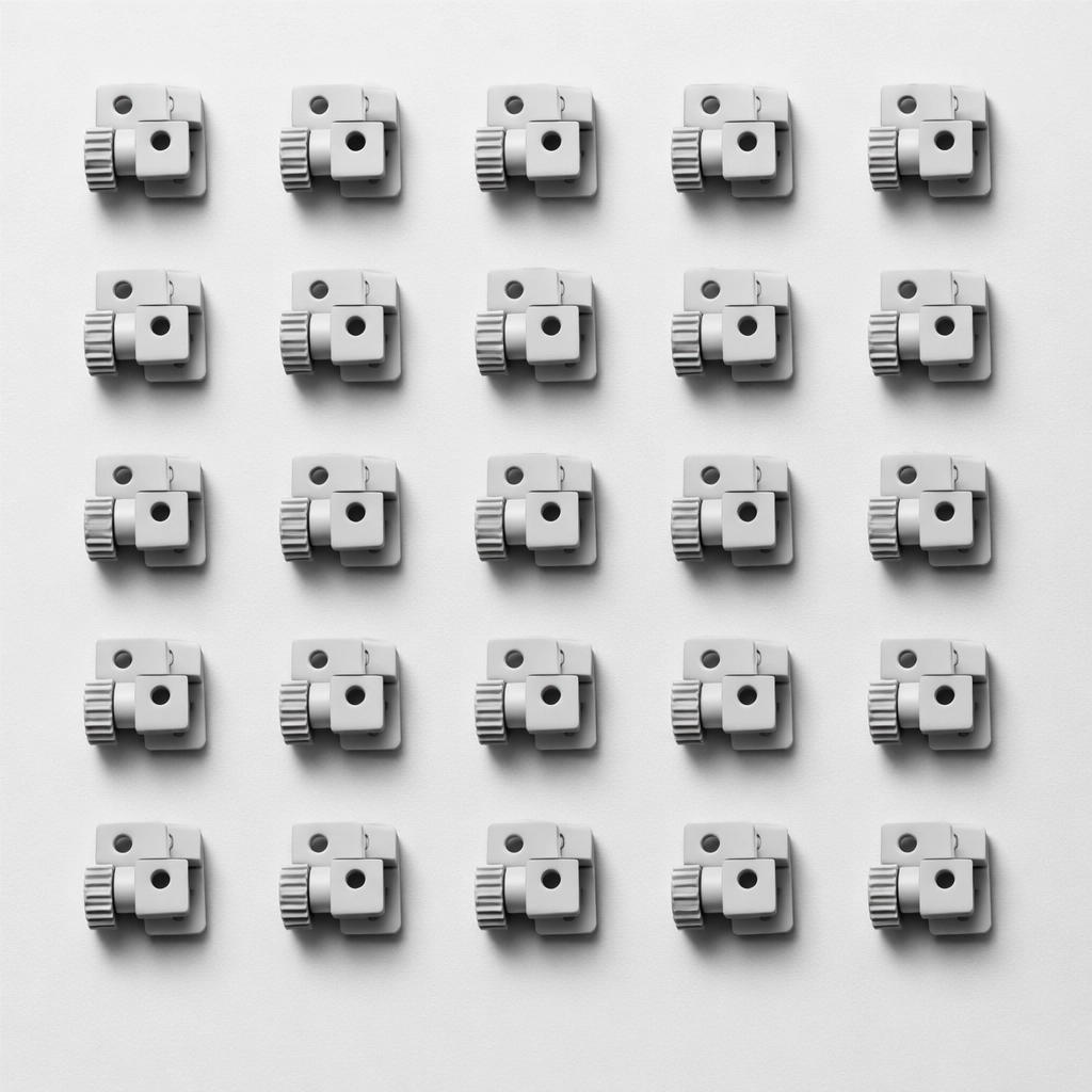 A grid of identical 3D printed components illustrating consistent mid-volume manufacturing. A grid of identical 3D printed components illustrating consistent mid-volume manufacturing.