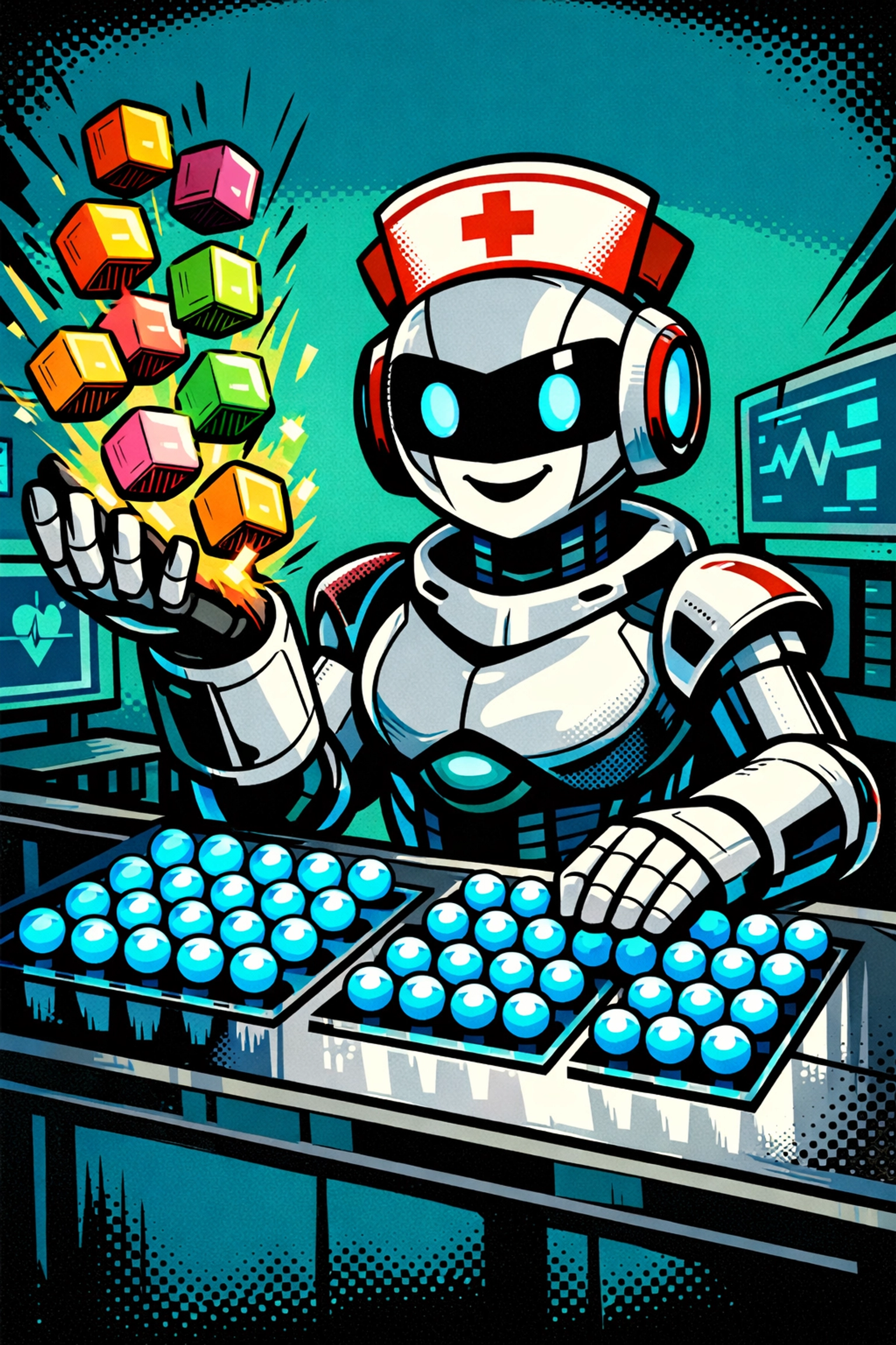 Robot nurse sorting support tickets to illustrate AI business automation for customer service.