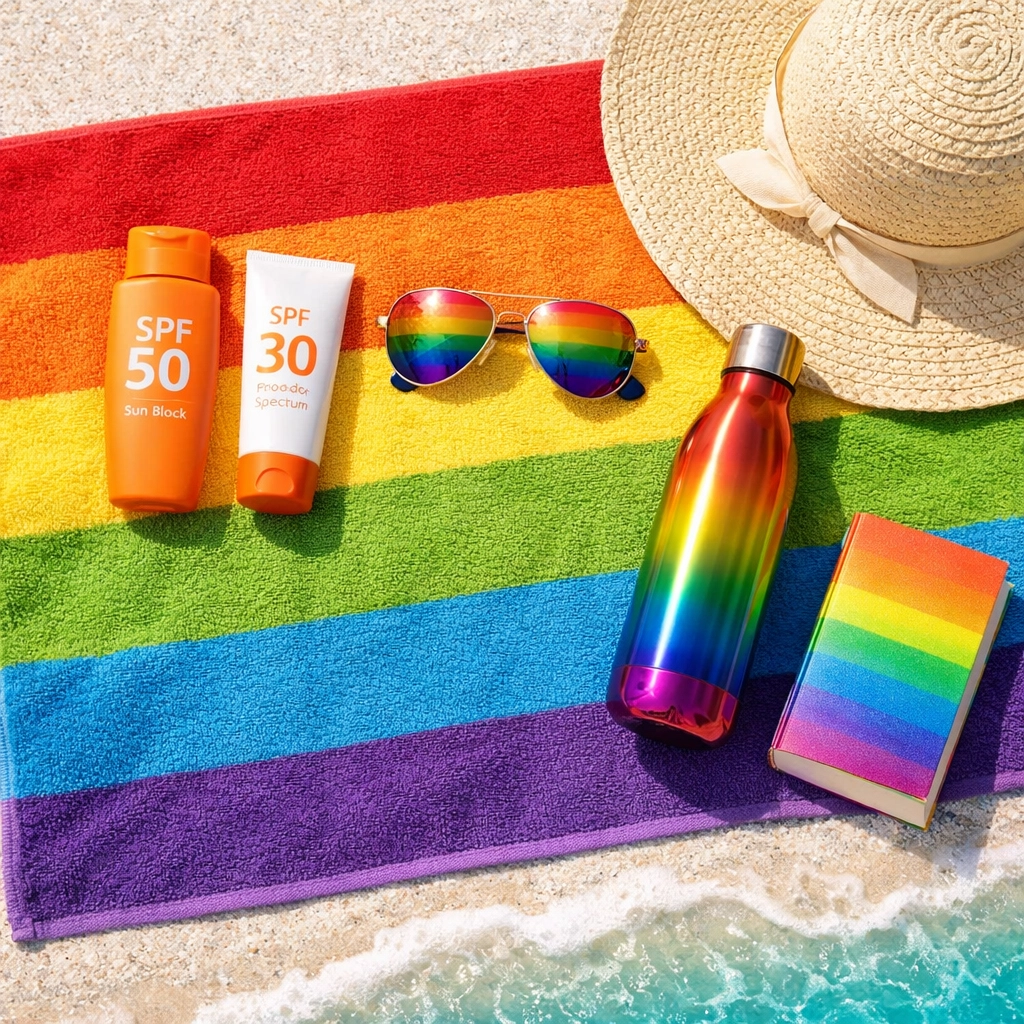 Pride beach essentials with rainbow towel, sunscreen and book for Haulover Beach Miami visit