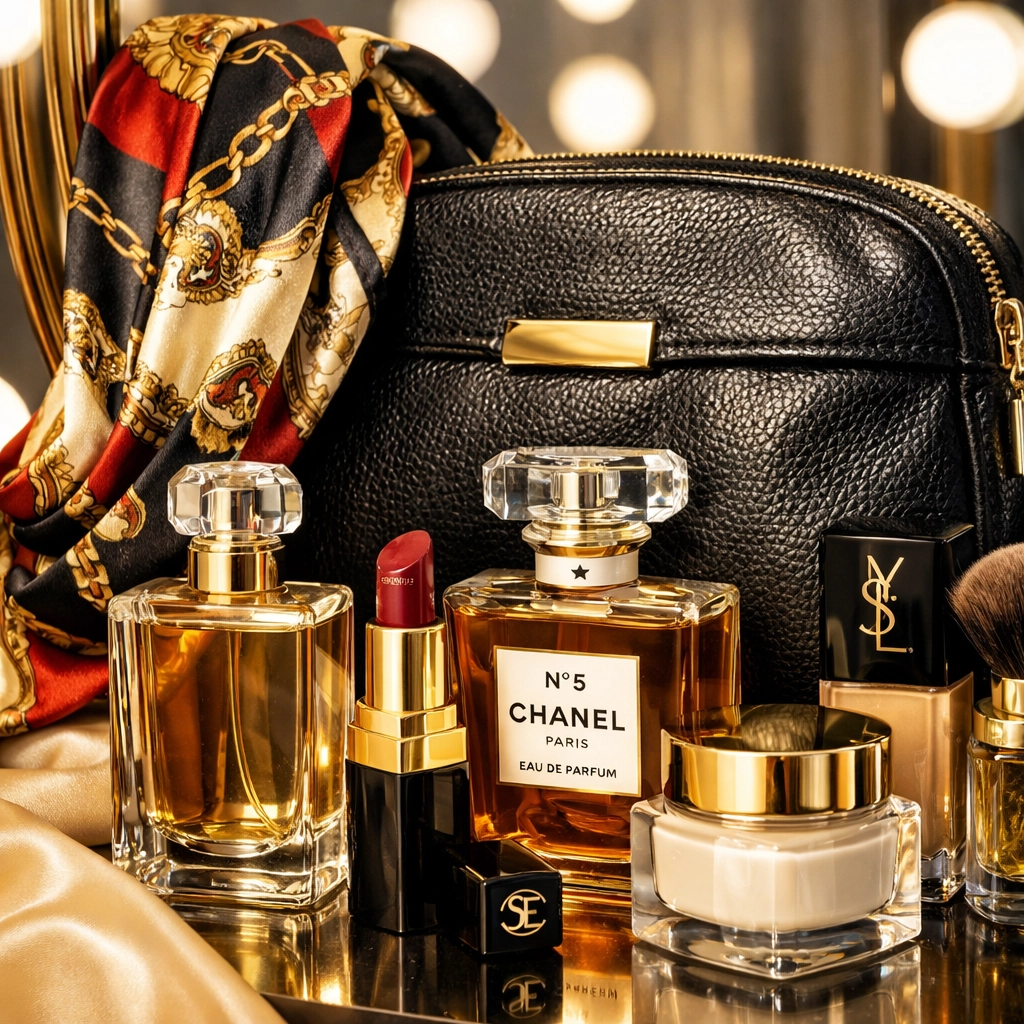 How to Build a Black-Owned Lifestyle in 5 Minutes: Candles, Décor, Beauty, and Motivational Tees That Hit Different High-end Black-owned beauty accessories like a silk headband and luxury leather cosmetic bag.