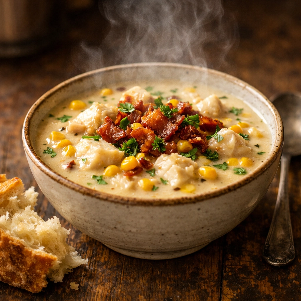 Steaming bowl of seafood and corn chowder with PNW white fish and Southern bacon on a rustic table.