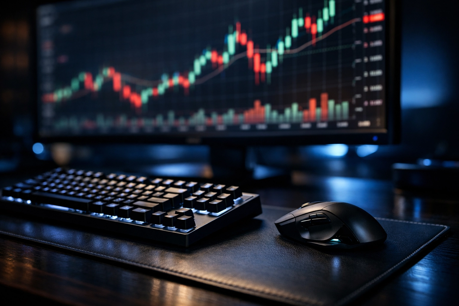 Professional trading setup showing a monitor with crypto charts for prop firm challenge success.