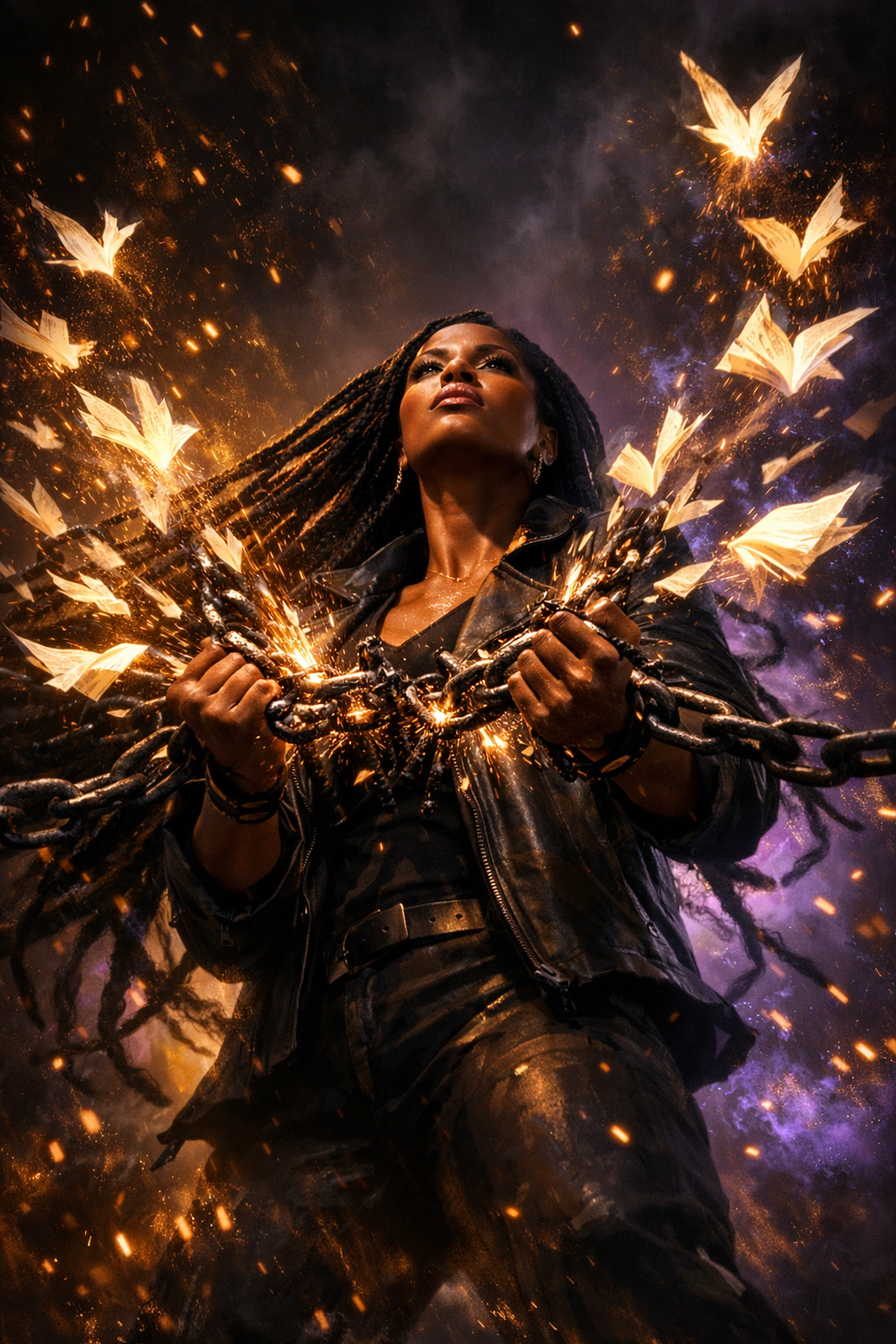 A woman of color breaking iron chains into glowing book pages for the Tigris Eden Wide World Tour.