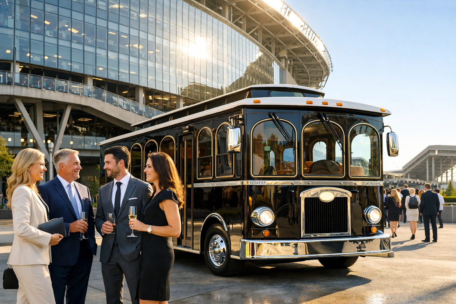 Branded luxury trolley parked at a sports stadium for a Super Bowl executive hospitality and sampling event.