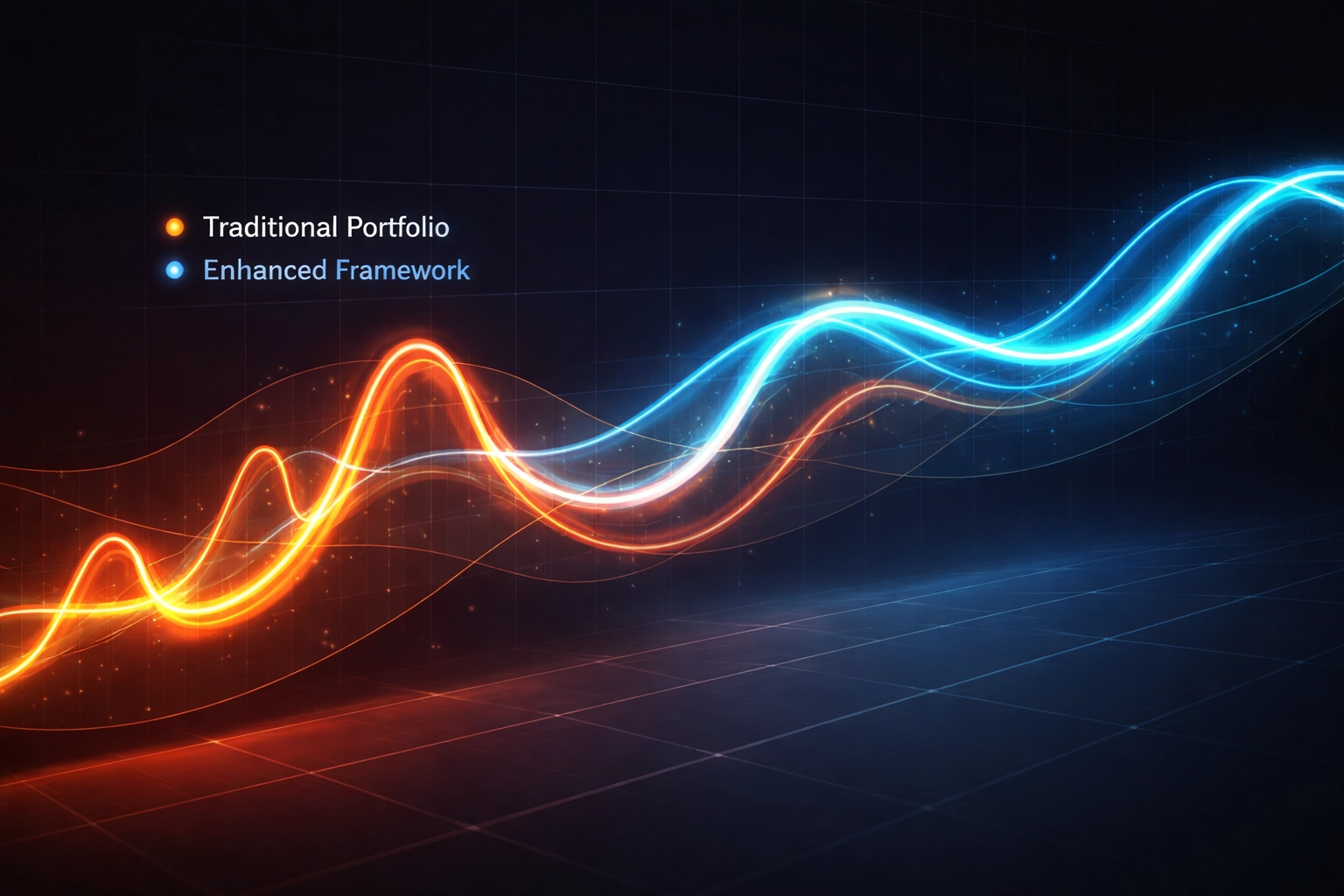 Glowing orange and blue lines compare traditional and 40/30/30 portfolio performance for better risk-adjusted returns.