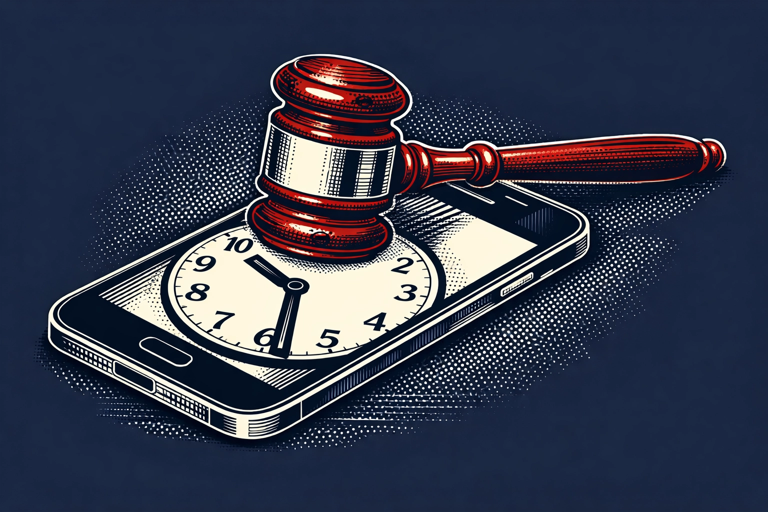 A judge's gavel on a smartphone showing a 10:30 digital curfew for children.