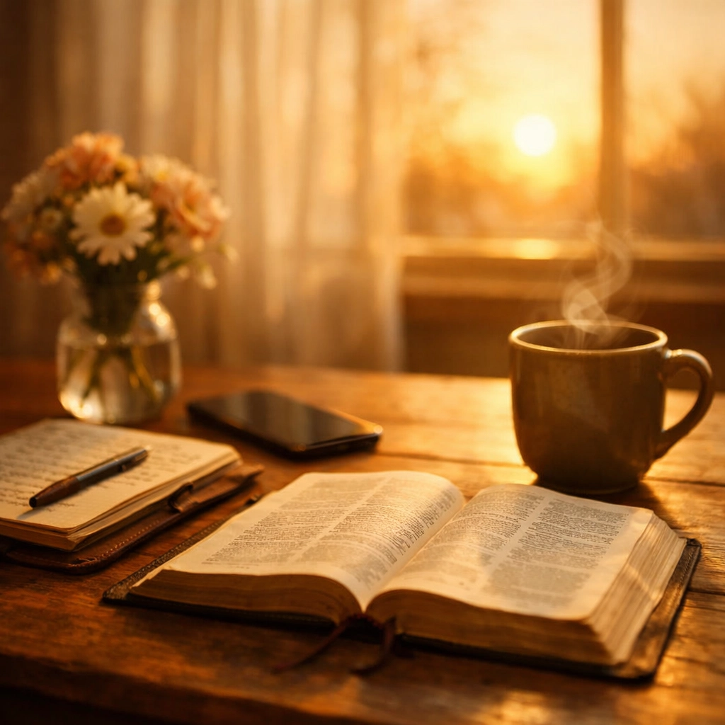 Morning Bible study with coffee and journal on breakfast table in peaceful sunlight