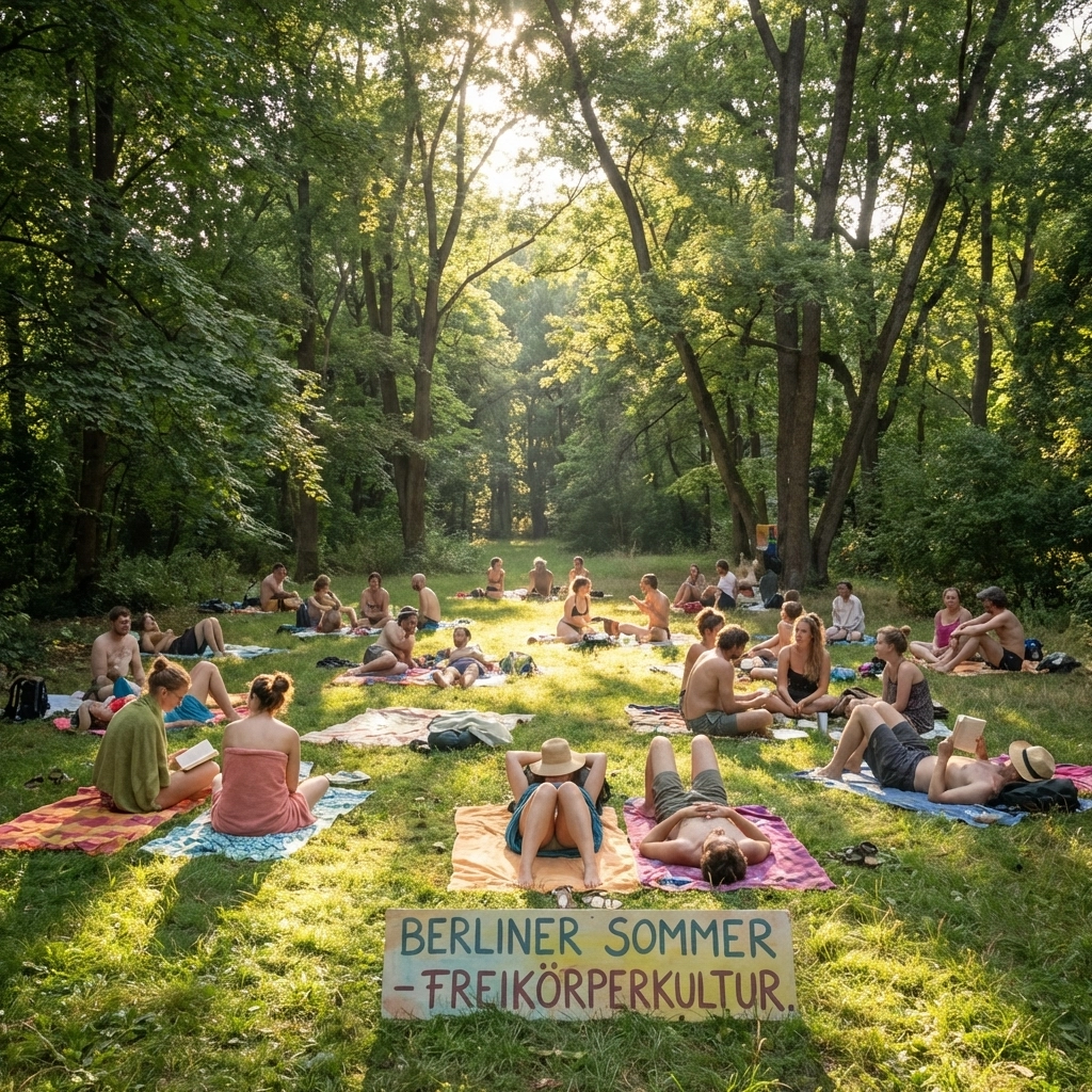 Diverse people sunbathing in Berlin's FKK park zones, embracing body-positive nudist culture