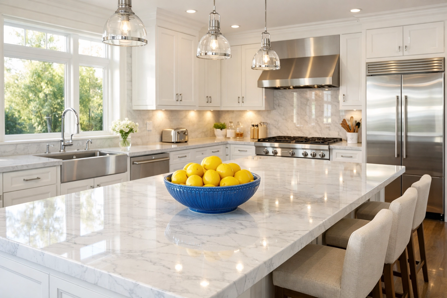 Sparkling Wayland kitchen with white marble countertops after weekly house cleaning services.