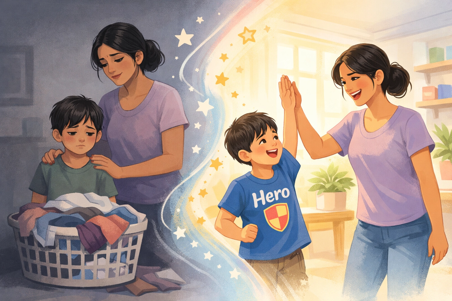 A split-screen style image. On the left, a frustrated mom and son looking at a mountain of laundry in a dimly lit laundry room. On the right, the same mom and son are high-fiving in a bright, sunlit room, with the son wearing a "Stay Dry Squad" t-shirt. The transition represents the "Bladder Breakthrough" journey.