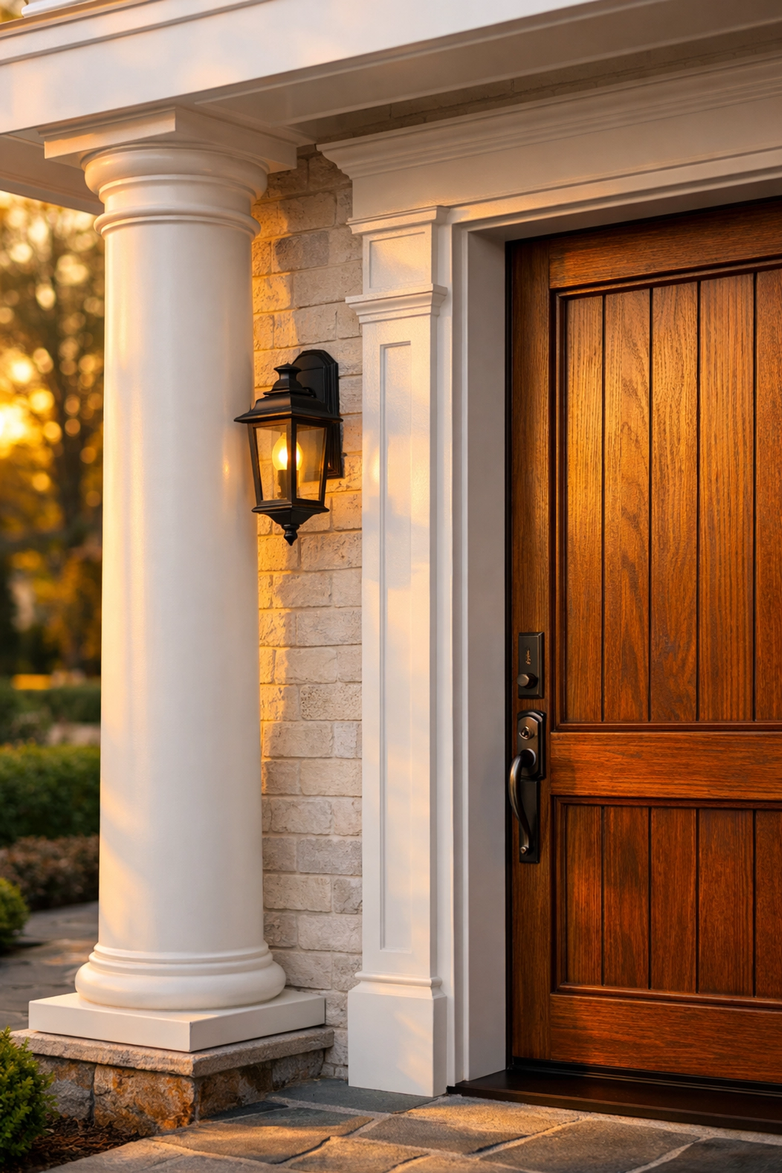 Durable moisture-resistant exterior moulding and white columns on a luxury New Jersey entry door.