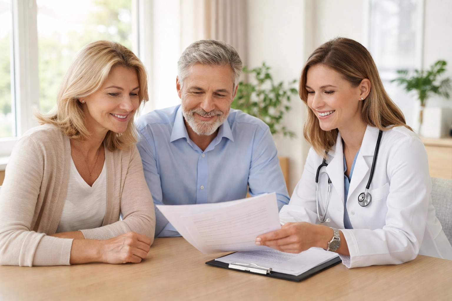 Middle-aged couple discussing preventive medical care with a provider in a bright consultation room