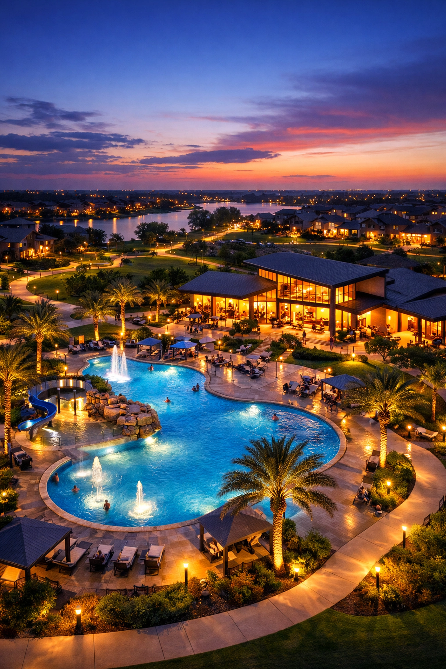 Master-planned community pool and amenities at dusk in Houston neighborhood