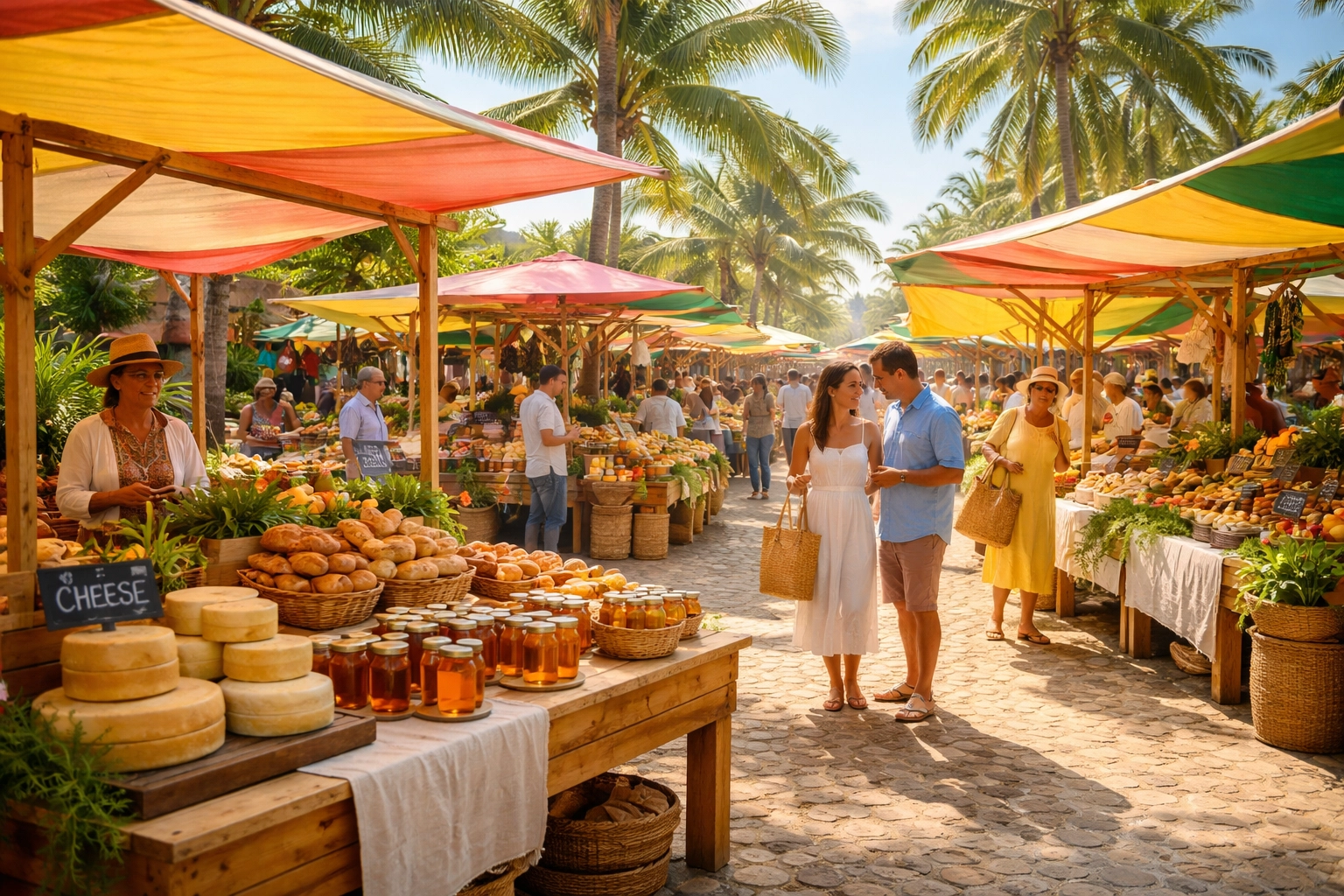 Outdoor Olas Altas Farmers' Market in Old Town Puerto Vallarta showcasing fresh cheeses, breads, and happy shoppers near condos.