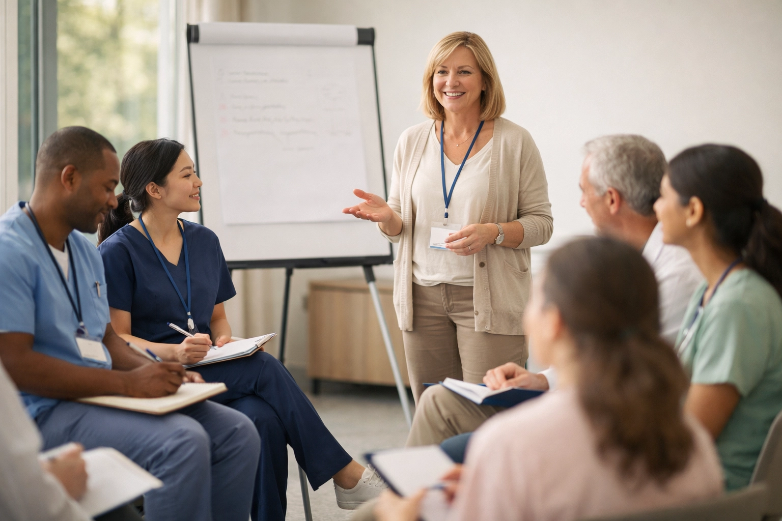 Behavioral health staff participating in mandatory compliance training session with instructor